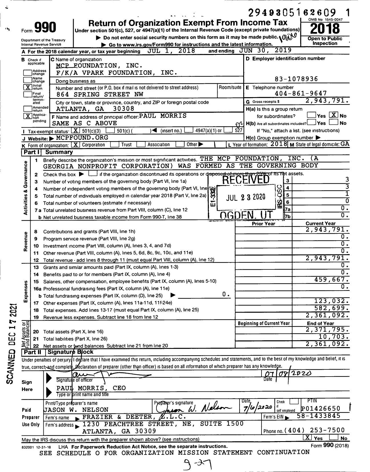 Image of first page of 2018 Form 990 for MCP Foundation