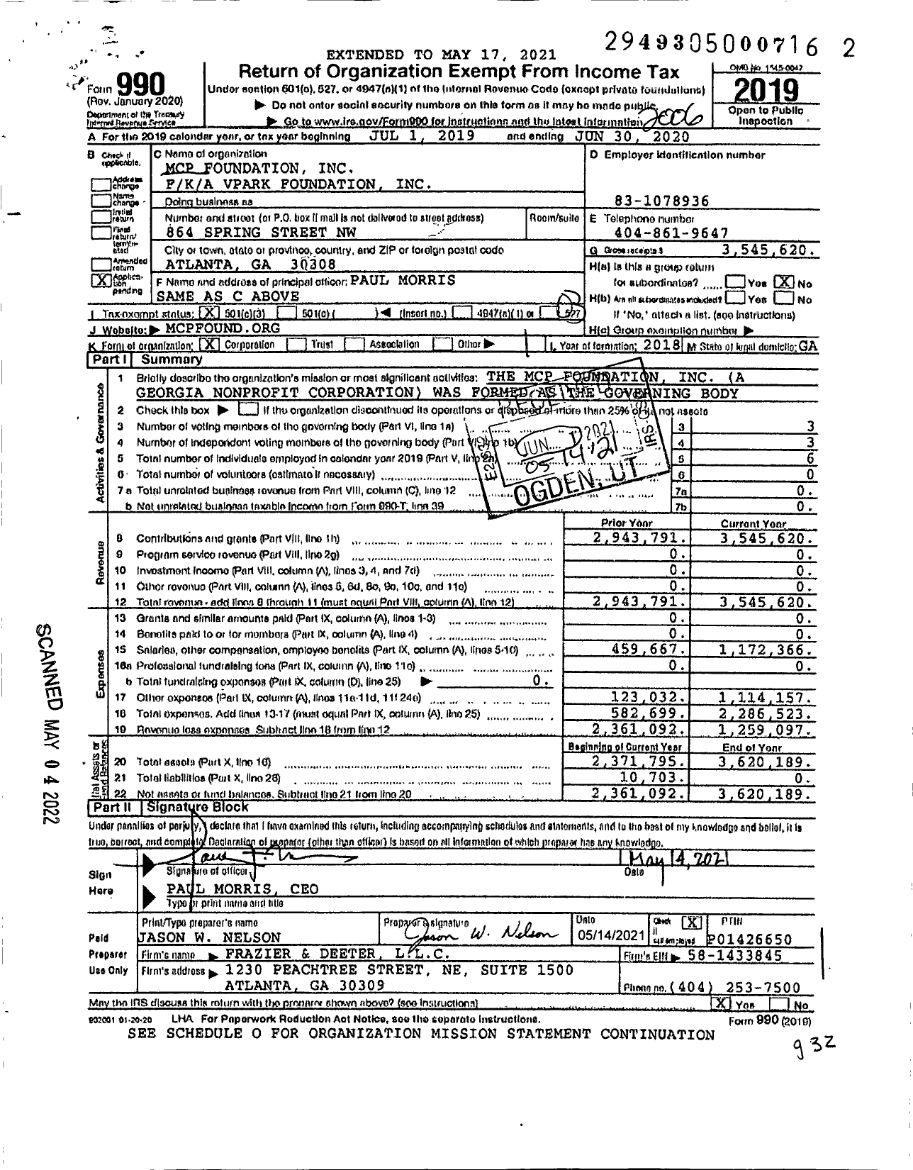 Image of first page of 2019 Form 990 for MCP Foundation