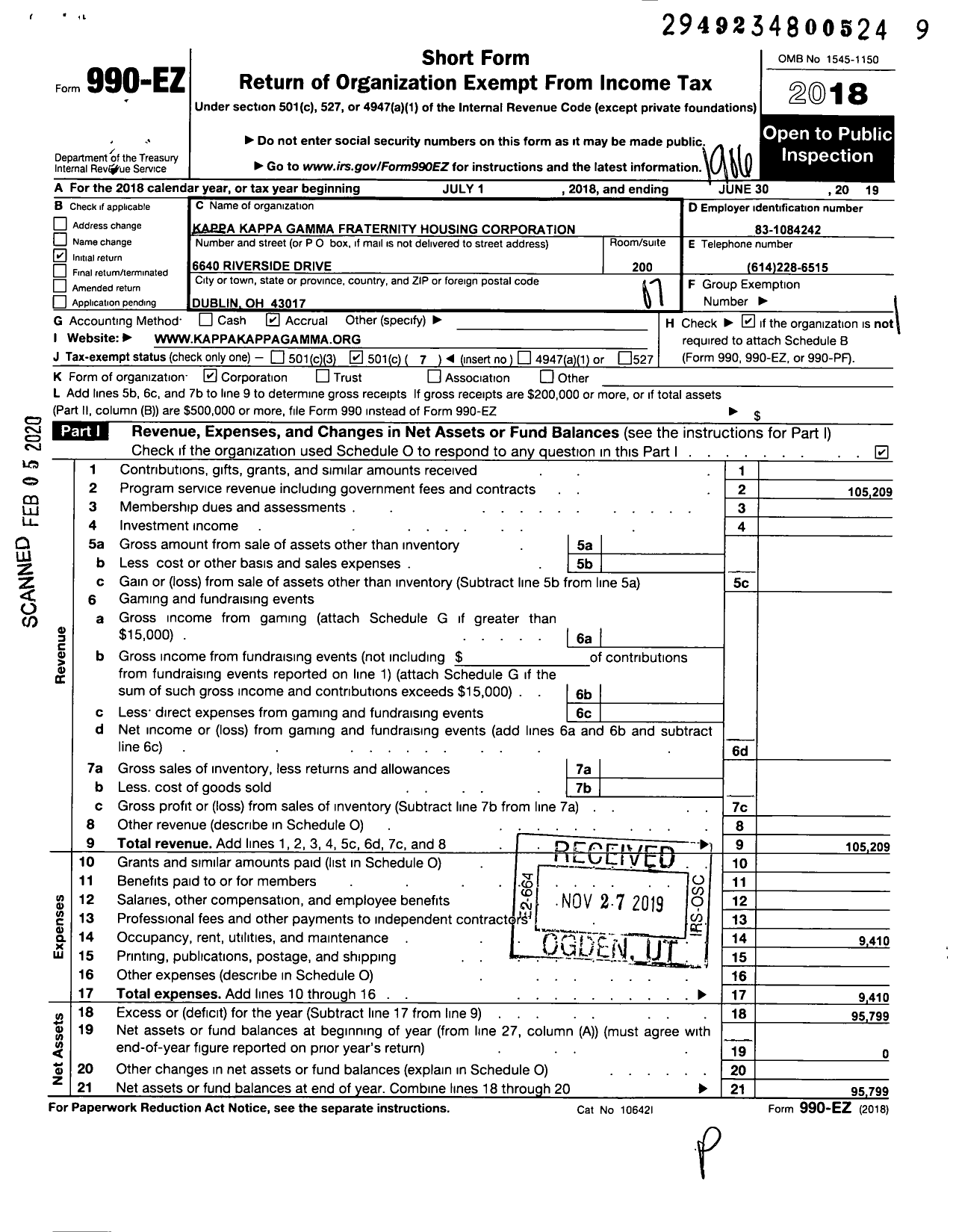 Image of first page of 2018 Form 990EO for Kappa Kappa Gamma Fraternity Housing Cor