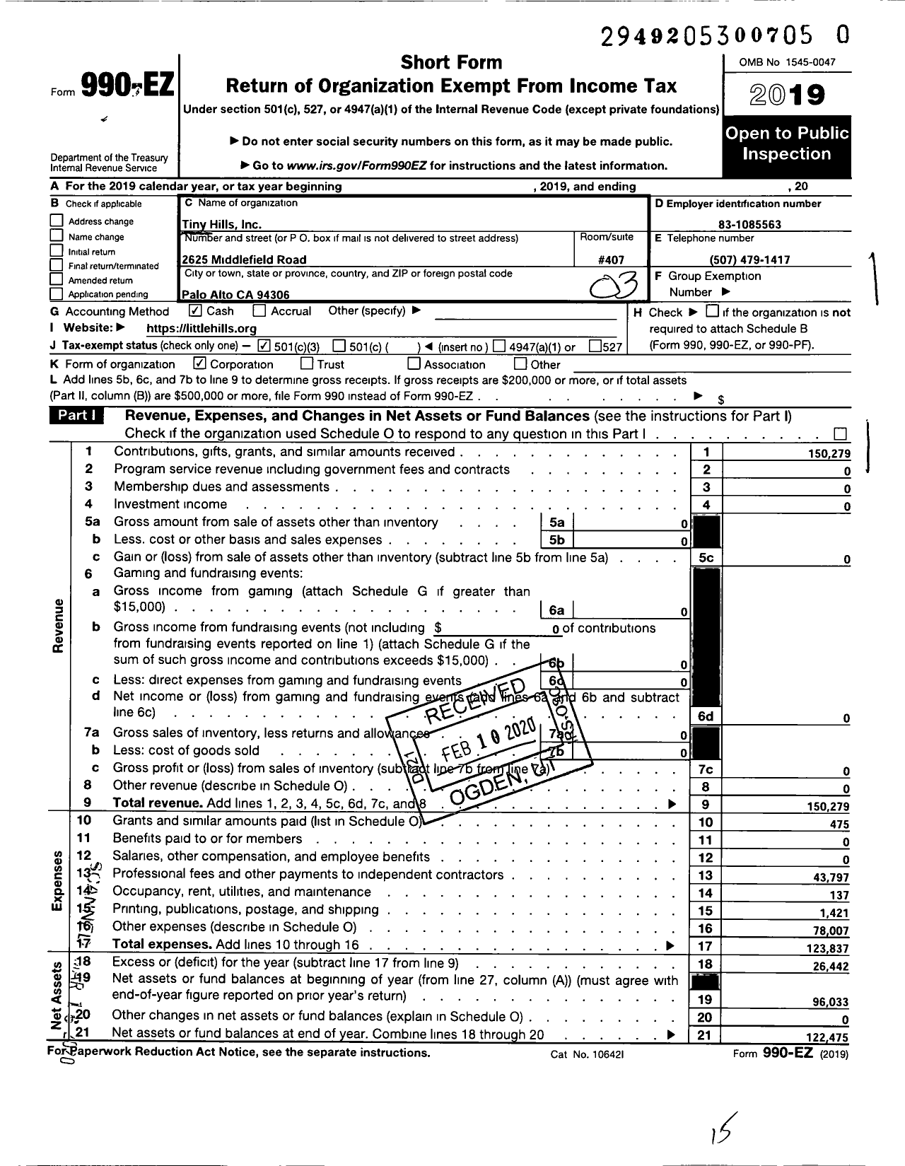 Image of first page of 2019 Form 990EZ for Tiny Hills