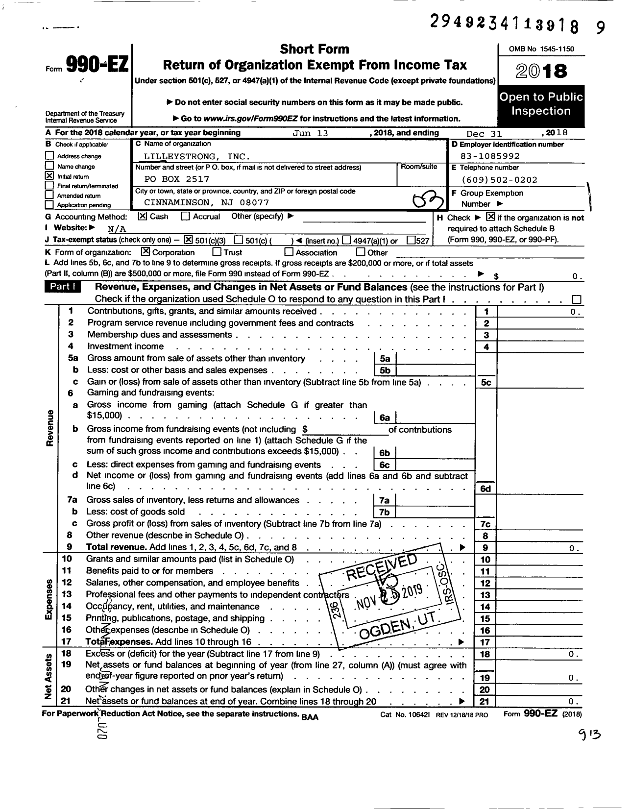 Image of first page of 2018 Form 990EZ for Lilleystrong