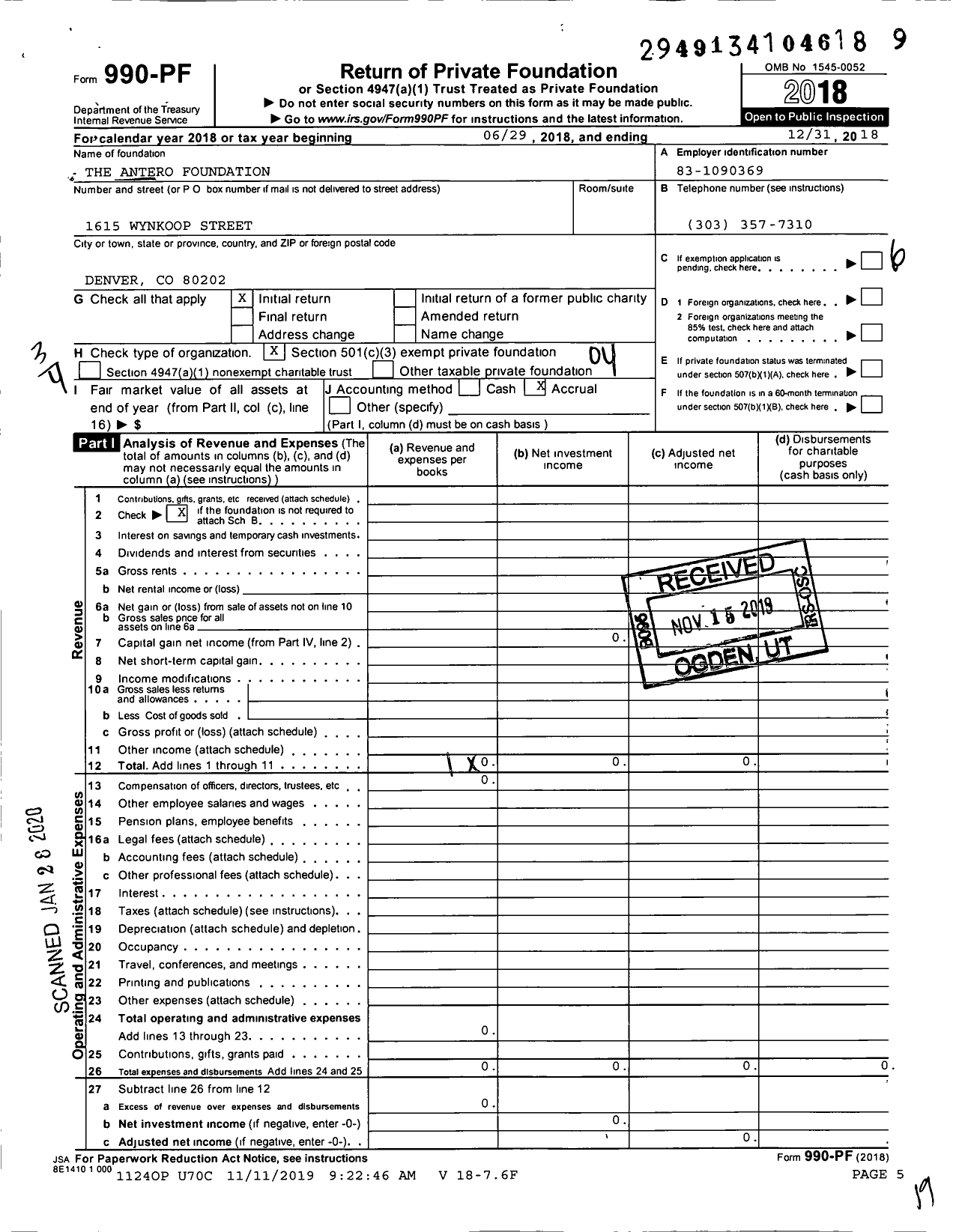 Image of first page of 2018 Form 990PF for The Antero Foundation