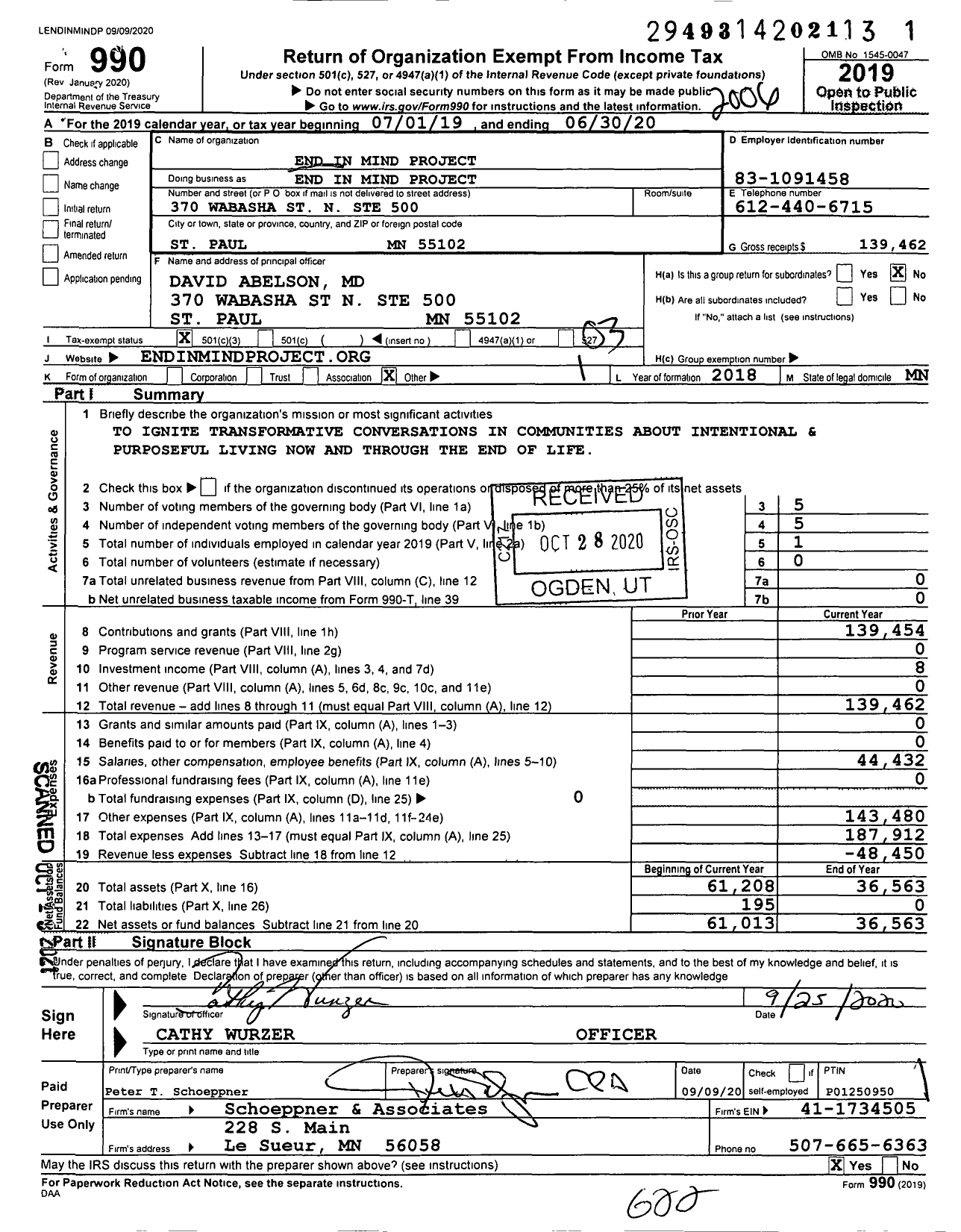 Image of first page of 2019 Form 990 for End in Mind Project