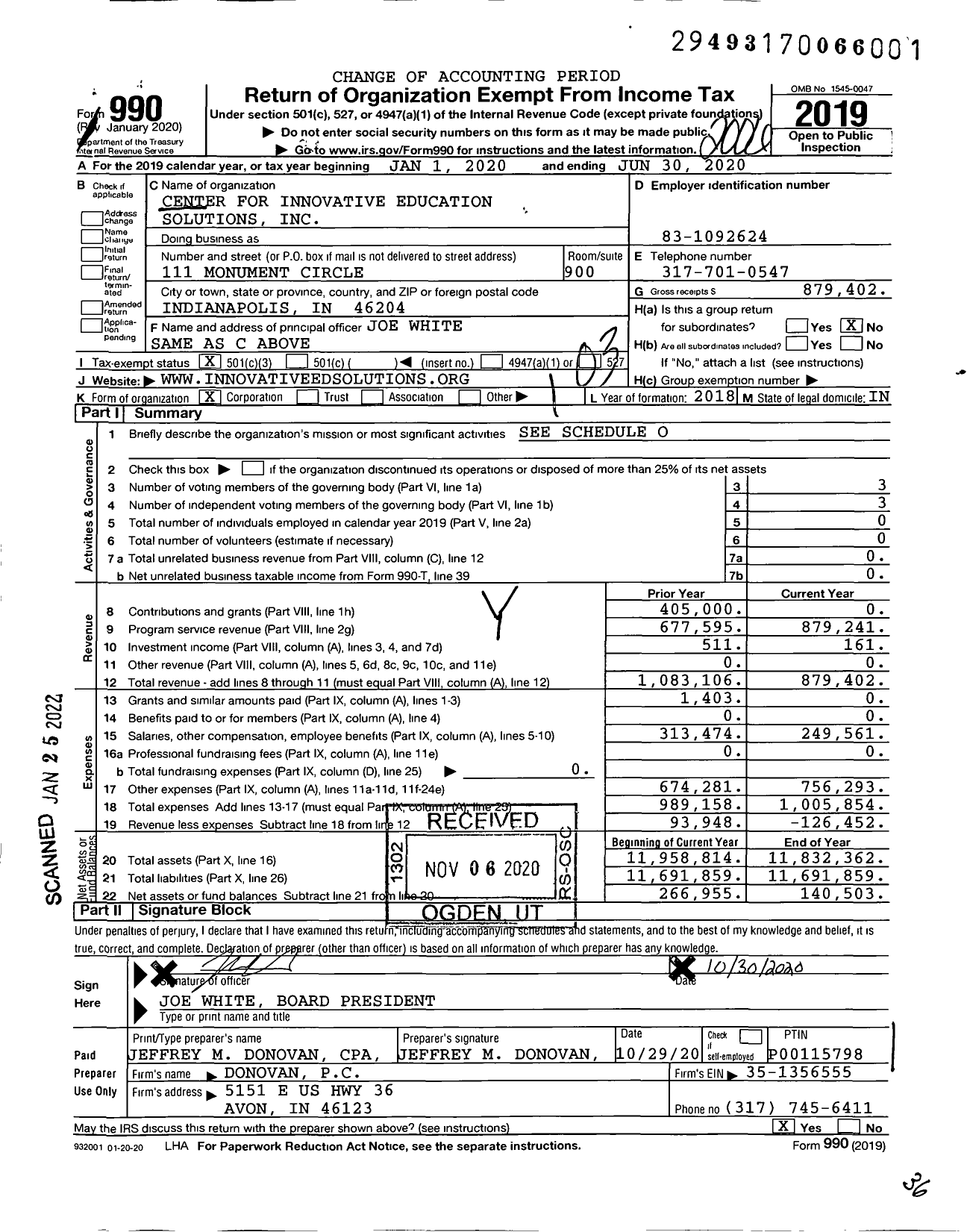 Image of first page of 2019 Form 990 for Center for Innovative Education Solutions