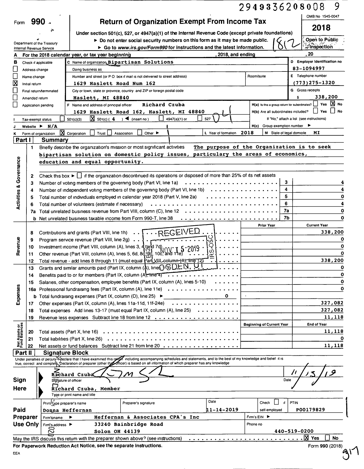 Image of first page of 2018 Form 990O for Bipartisan Solutions