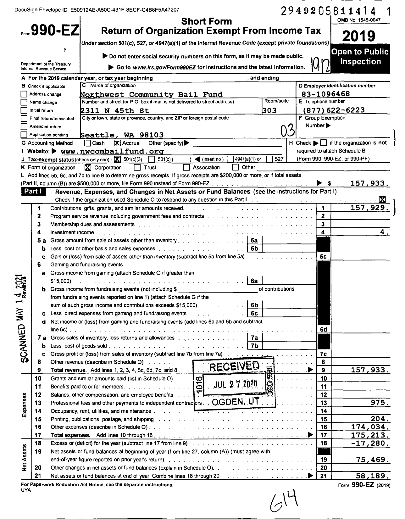 Image of first page of 2019 Form 990EZ for Northwest Community Bail Fund