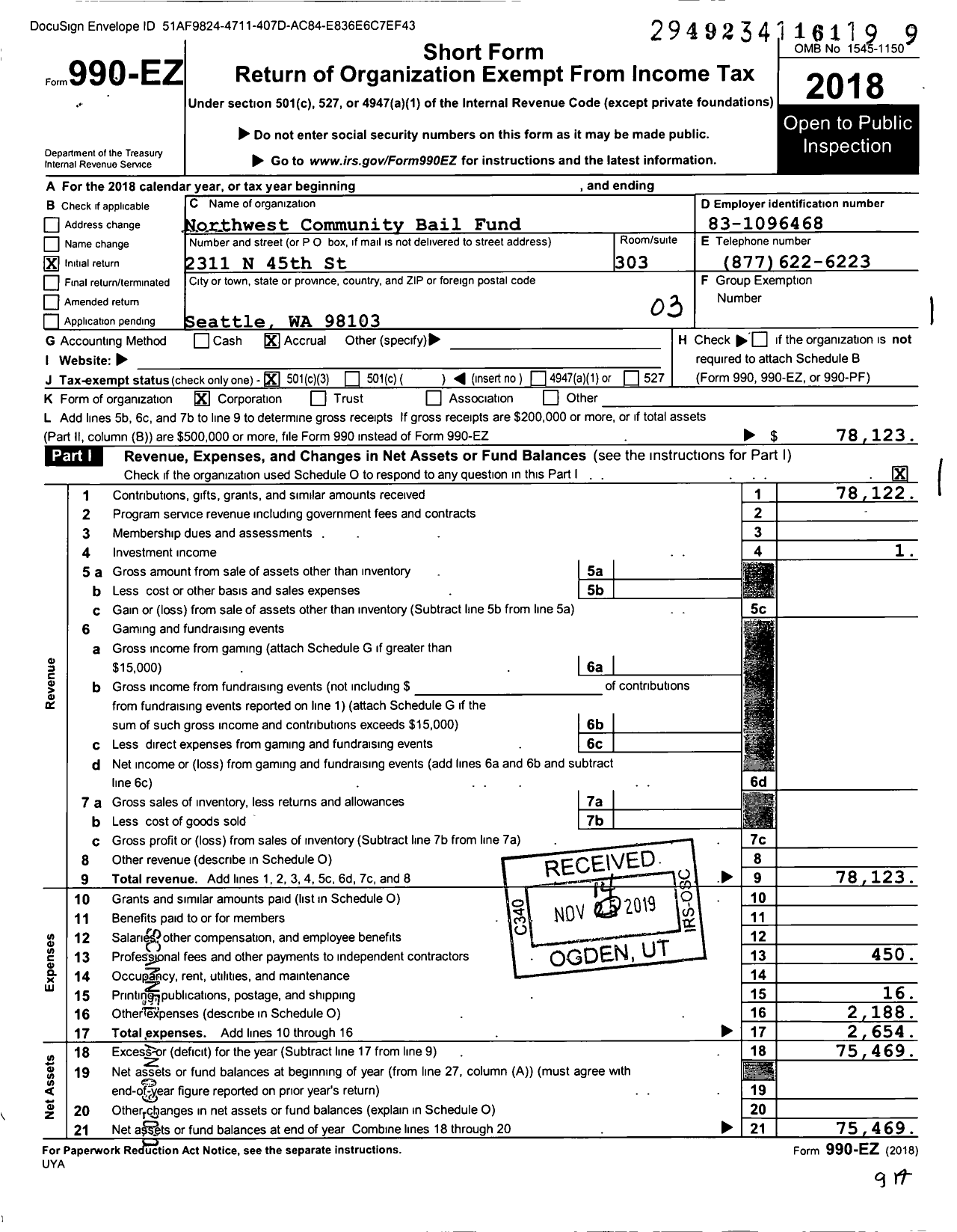 Image of first page of 2018 Form 990EZ for Northwest Community Bail Fund