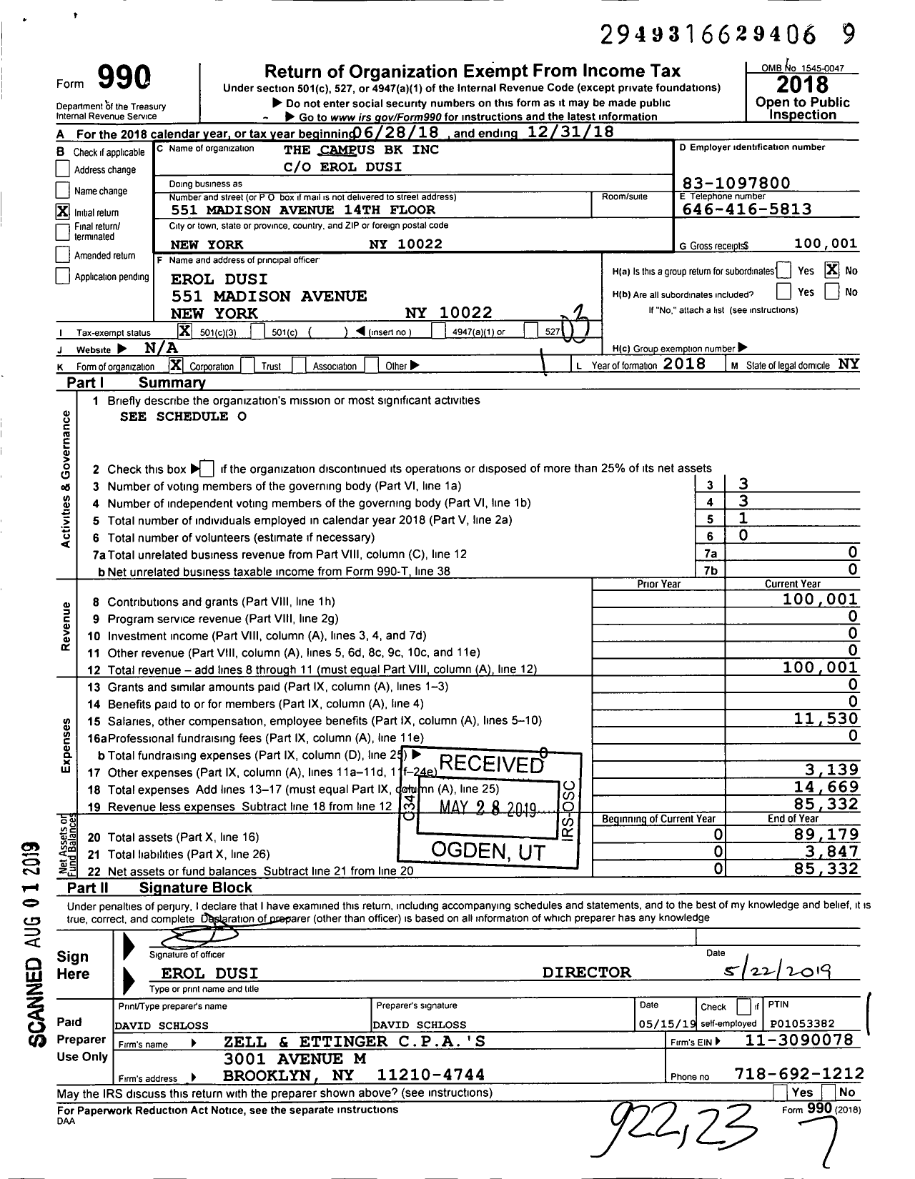 Image of first page of 2018 Form 990 for The Campus BK