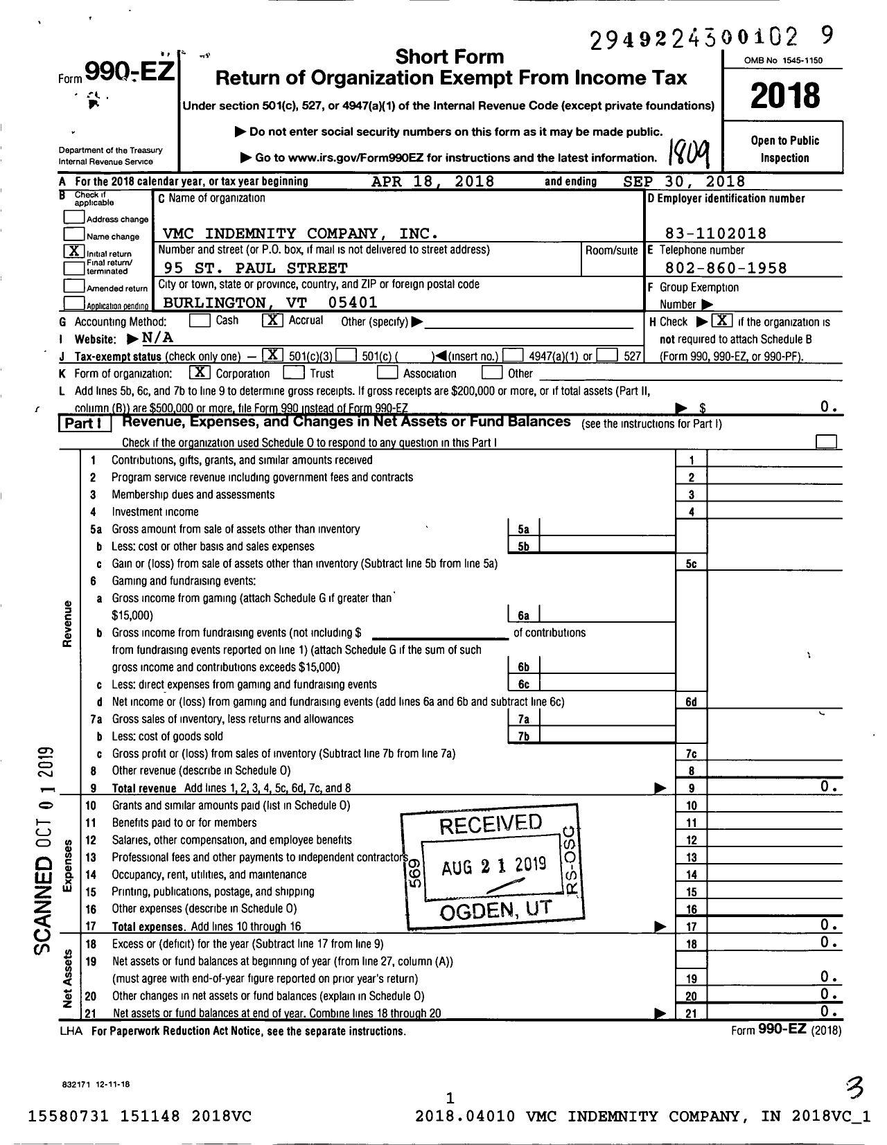 Image of first page of 2017 Form 990EZ for VMC Indemnity Company