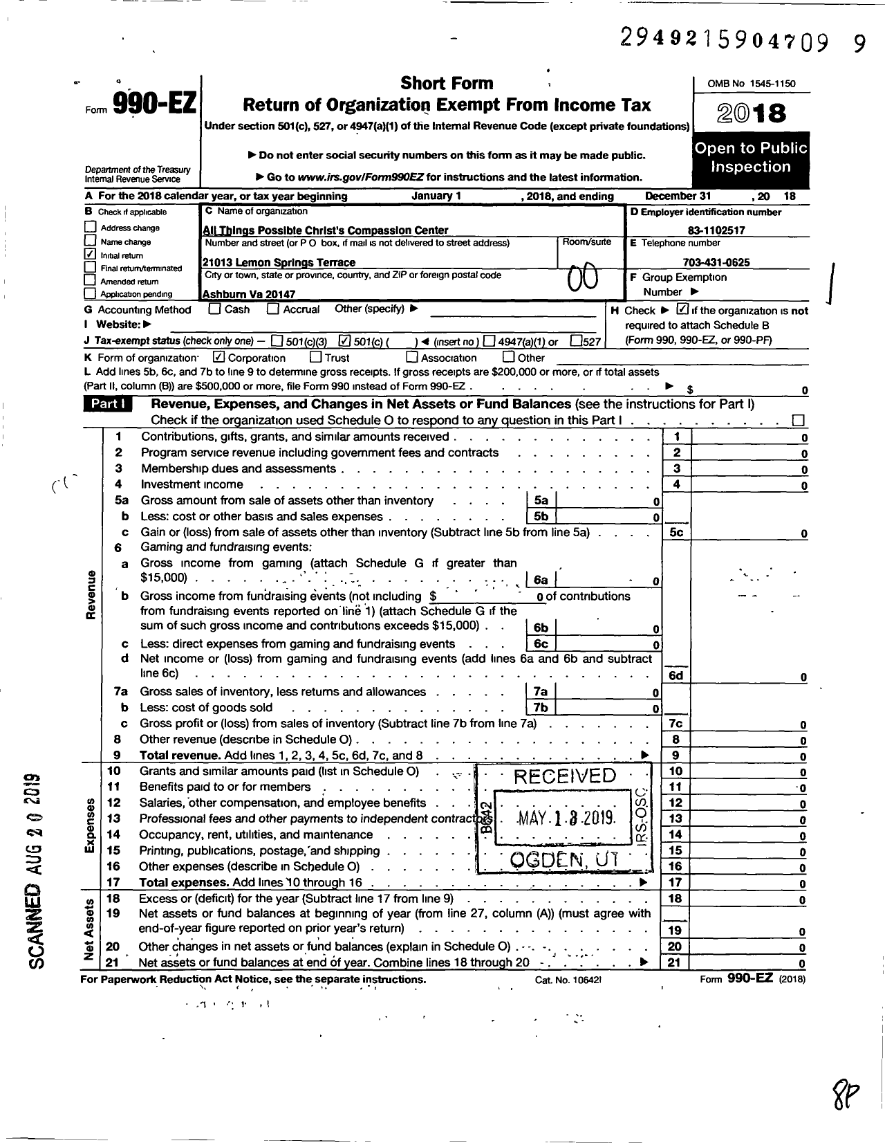 Image of first page of 2018 Form 990EO for All Things Possible Christs Compassion Center