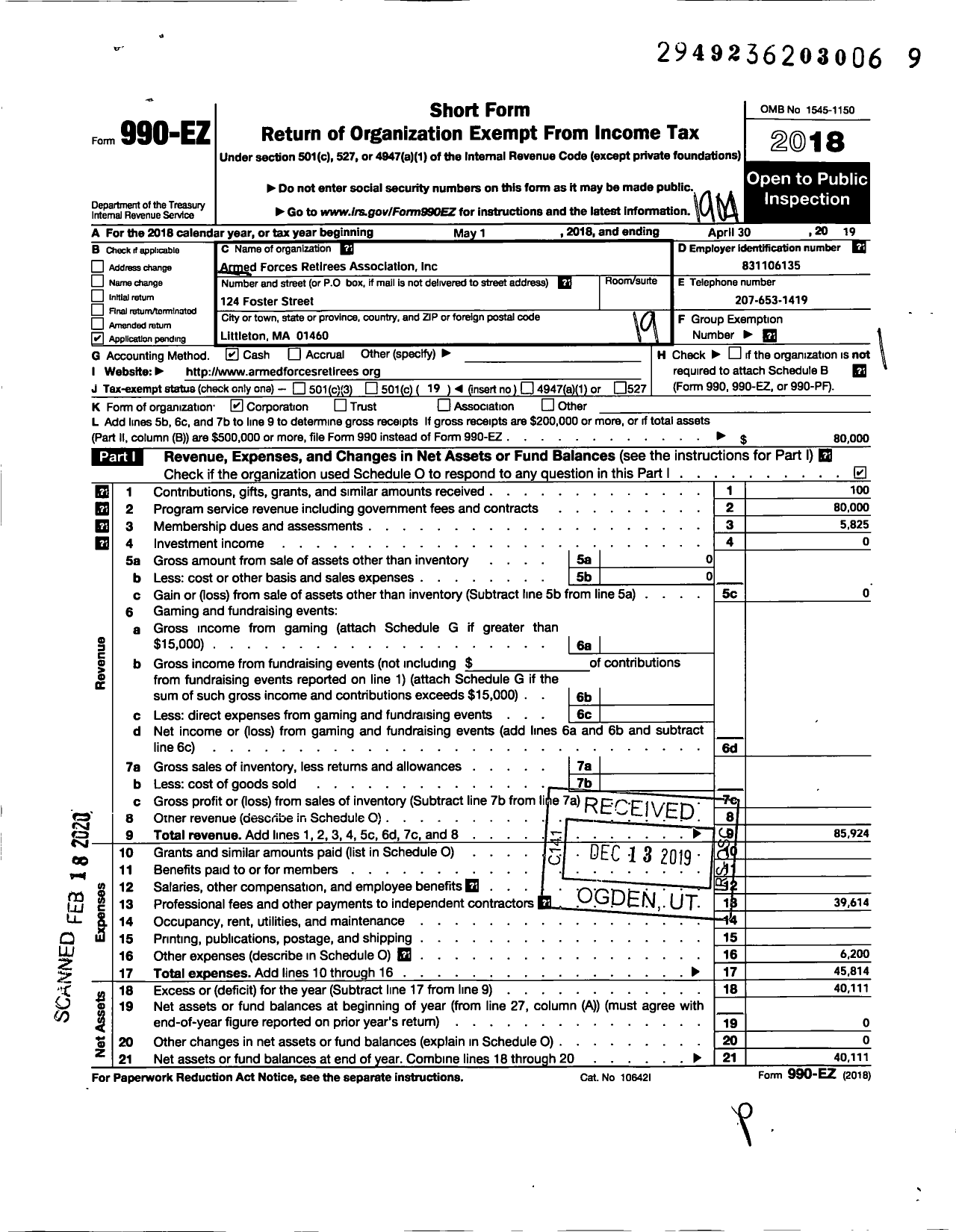 Image of first page of 2018 Form 990EO for Armed Forces Retiree Association