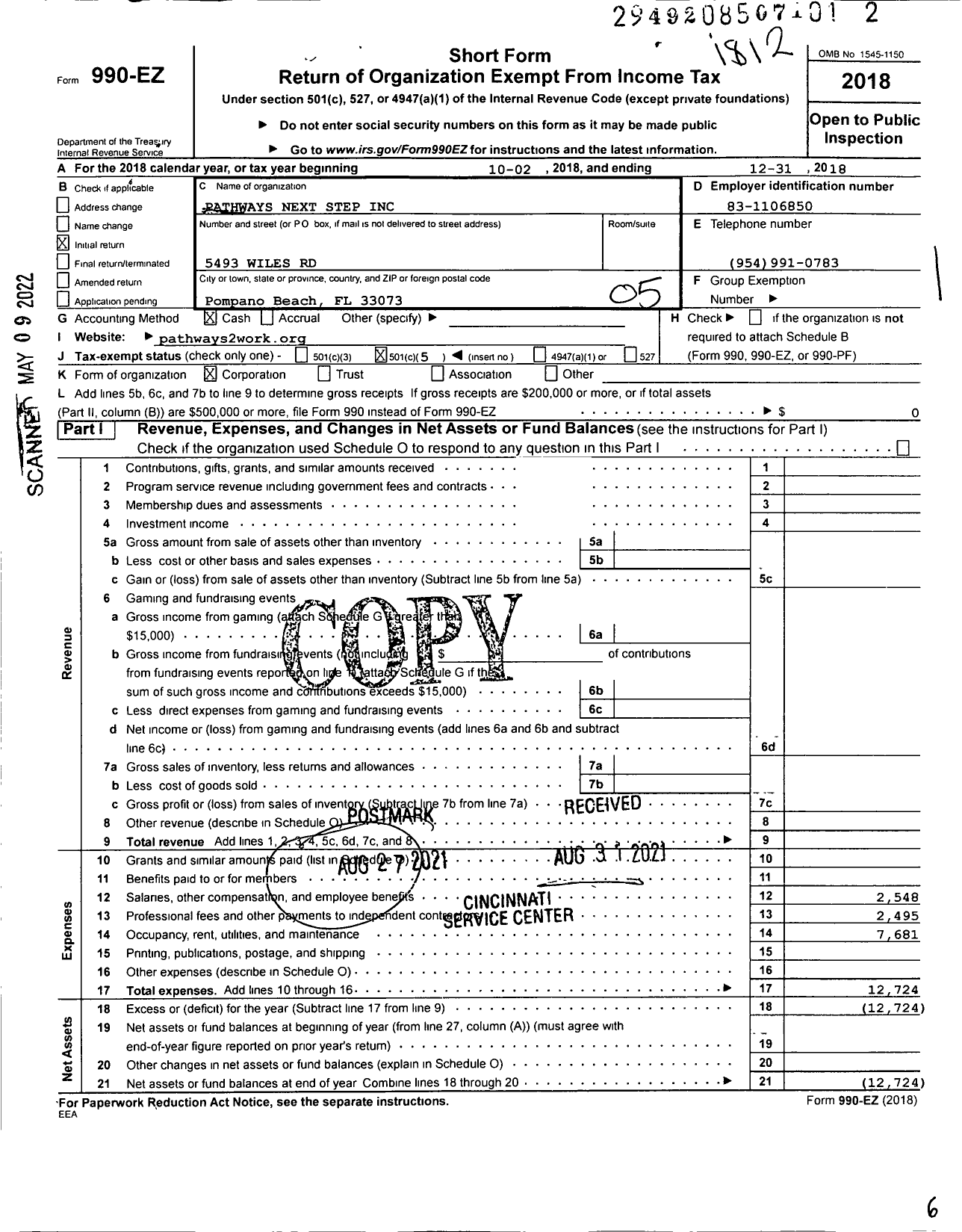 Image of first page of 2018 Form 990EO for Pathways Next Step