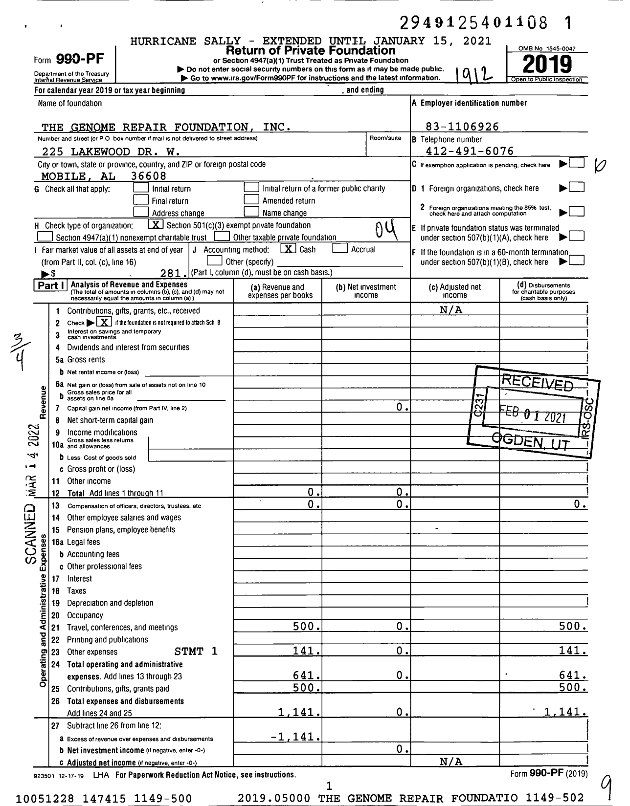 Image of first page of 2019 Form 990PF for The Genome Repair Foundation