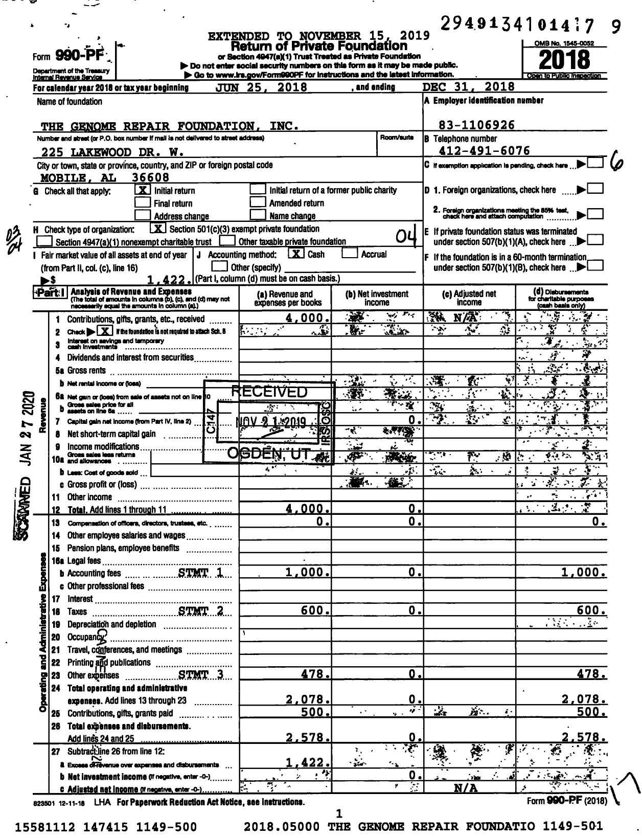 Image of first page of 2018 Form 990PF for The Genome Repair Foundation