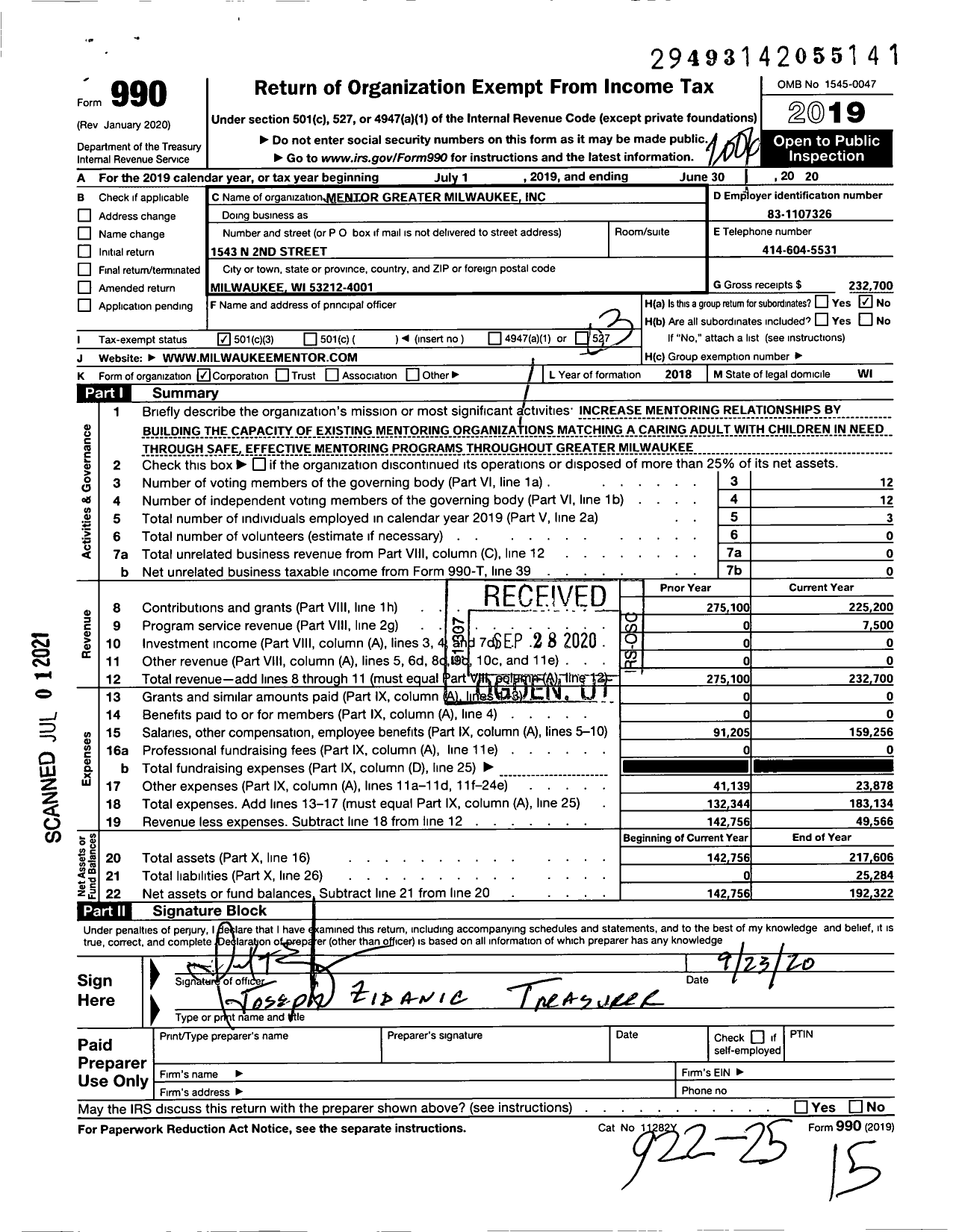 Image of first page of 2019 Form 990 for Mentor Greater Milwaukee