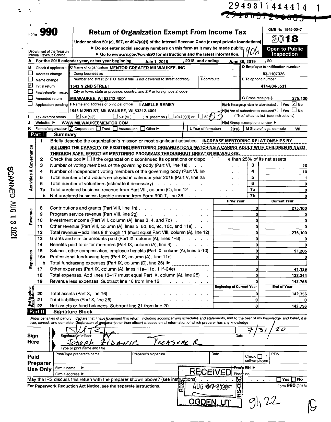 Image of first page of 2018 Form 990 for Mentor Greater Milwaukee