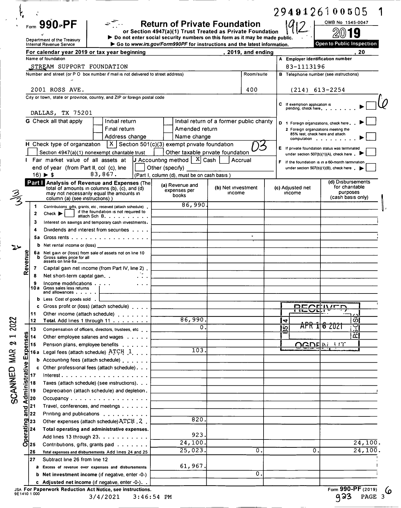 Image of first page of 2019 Form 990PF for Stream Support Foundation