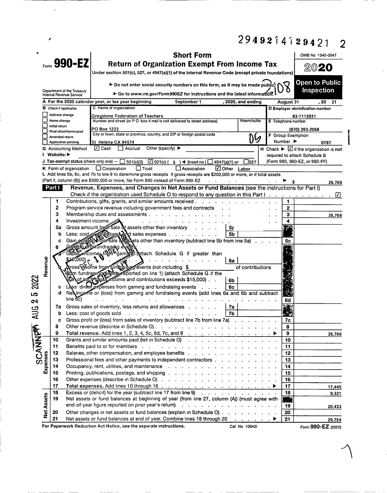 Image of first page of 2020 Form 990EO for American Federation of Teachers - American Federation of Teachers