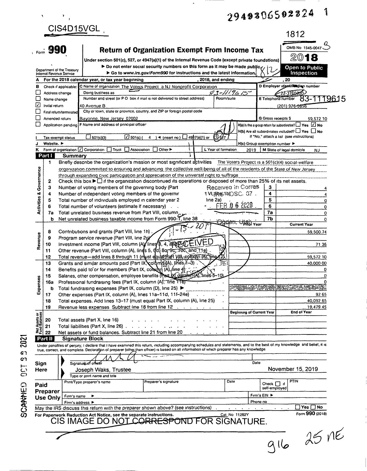 Image of first page of 2018 Form 990O for The Voters Project a NJ Nonprofit Corporation