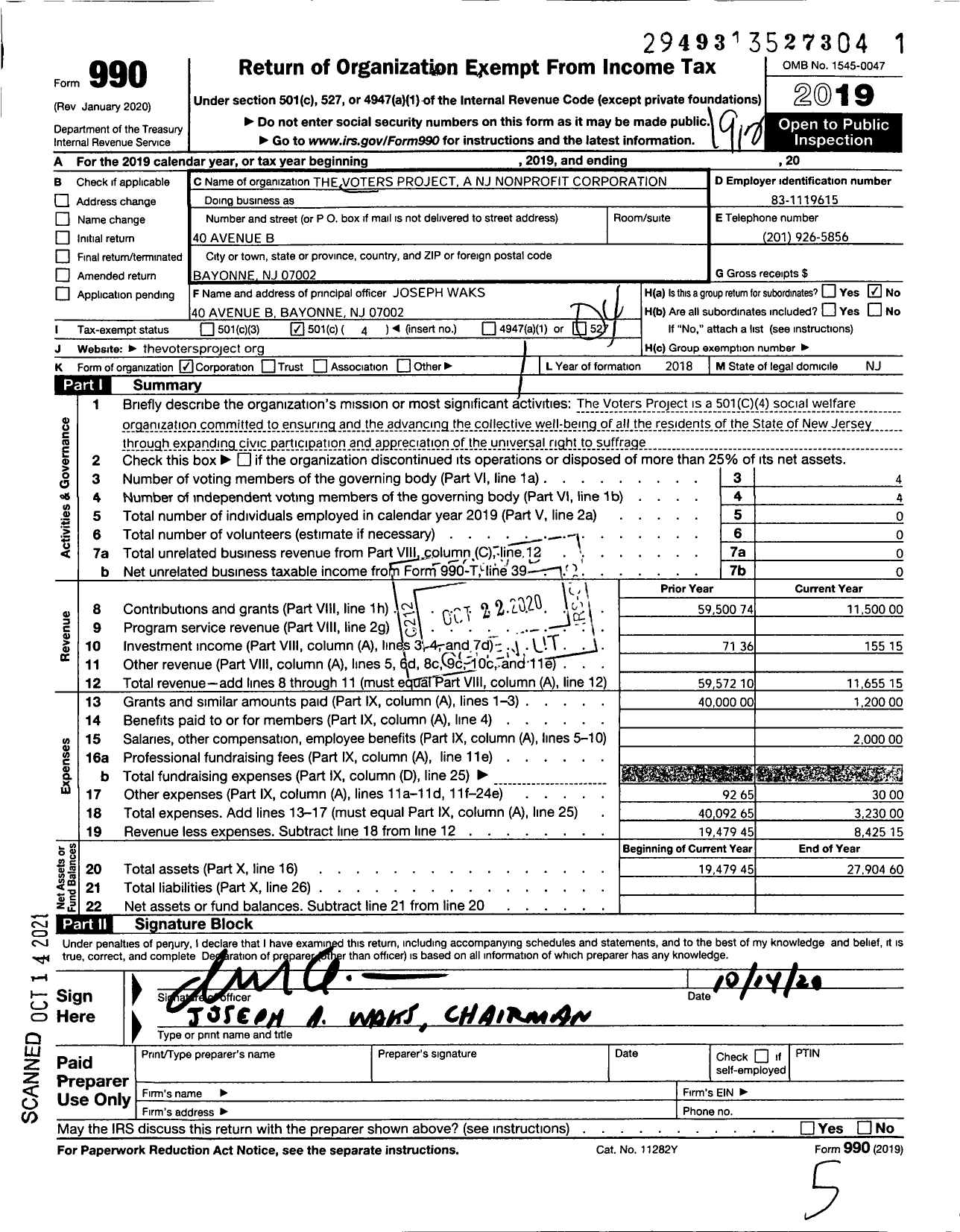 Image of first page of 2019 Form 990O for The Voters Project a NJ Nonprofit Corporation