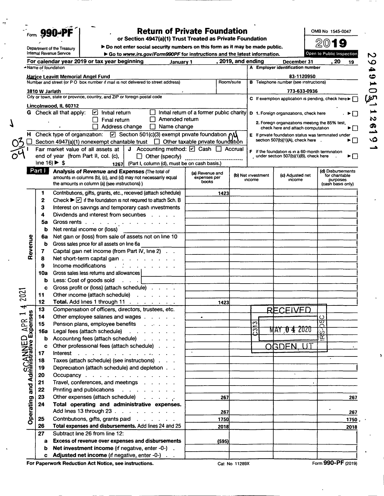 Image of first page of 2019 Form 990PF for Harice Leavitt Memorial Angel Fund