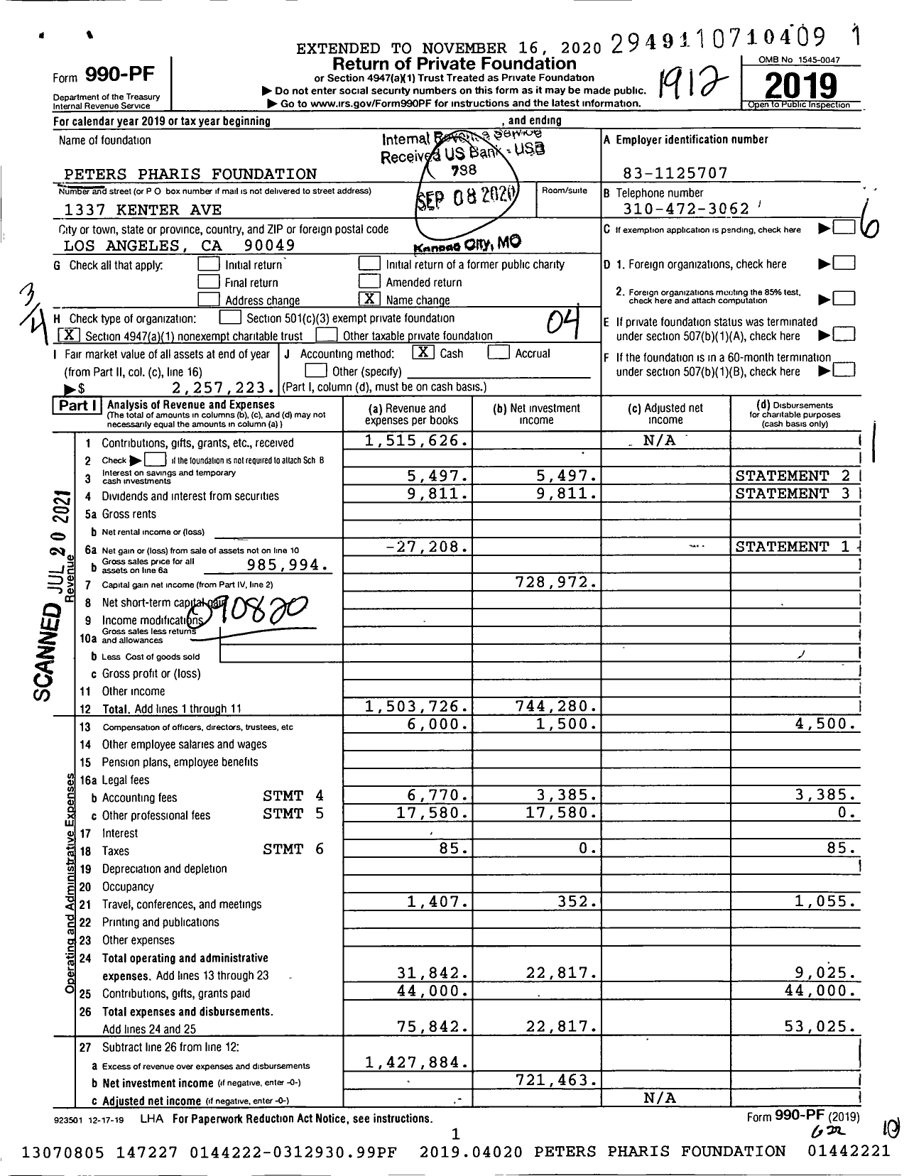 Image of first page of 2019 Form 990PF for Peters Pharis Foundation