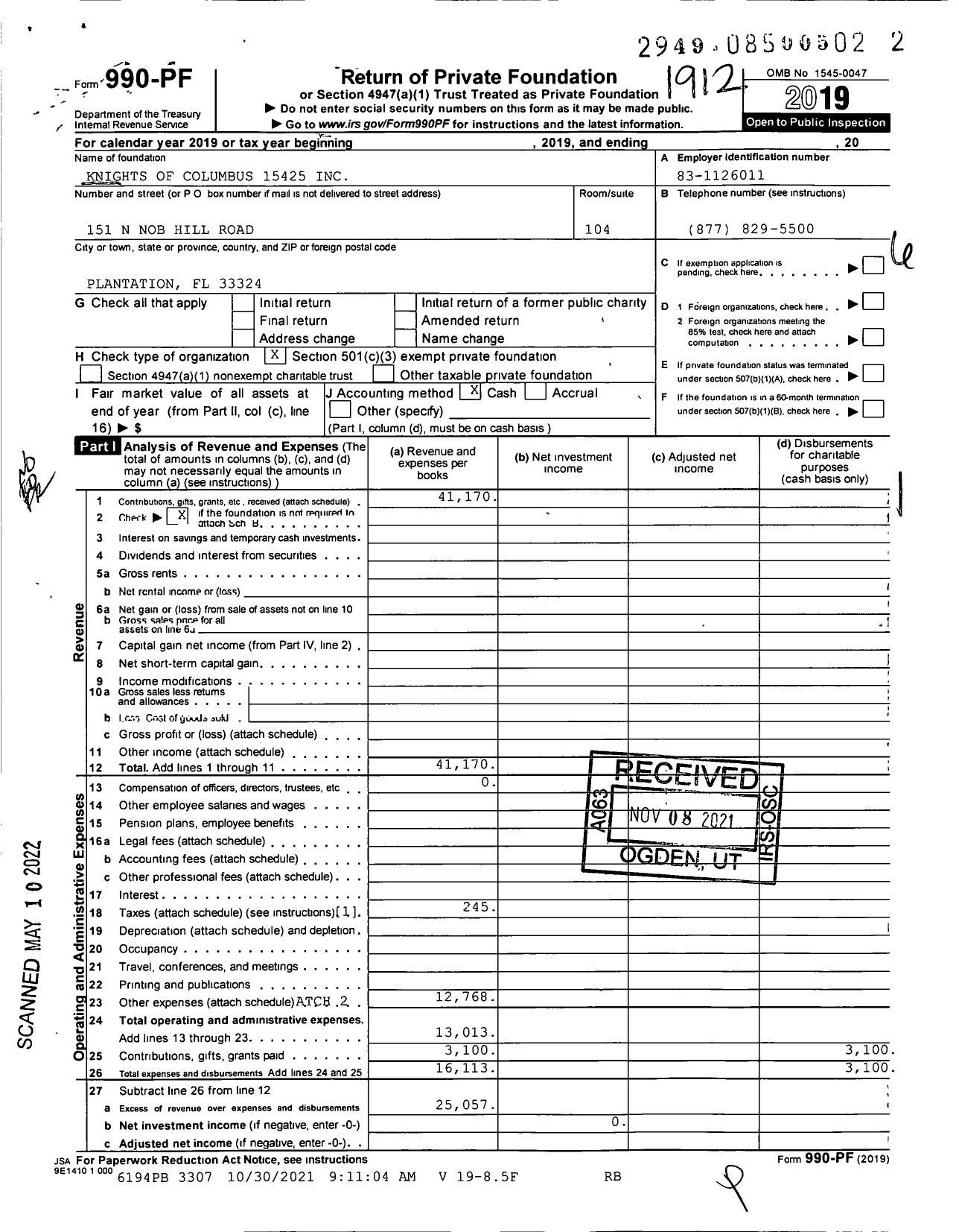 Image of first page of 2019 Form 990PF for Knights of Columbus 15425