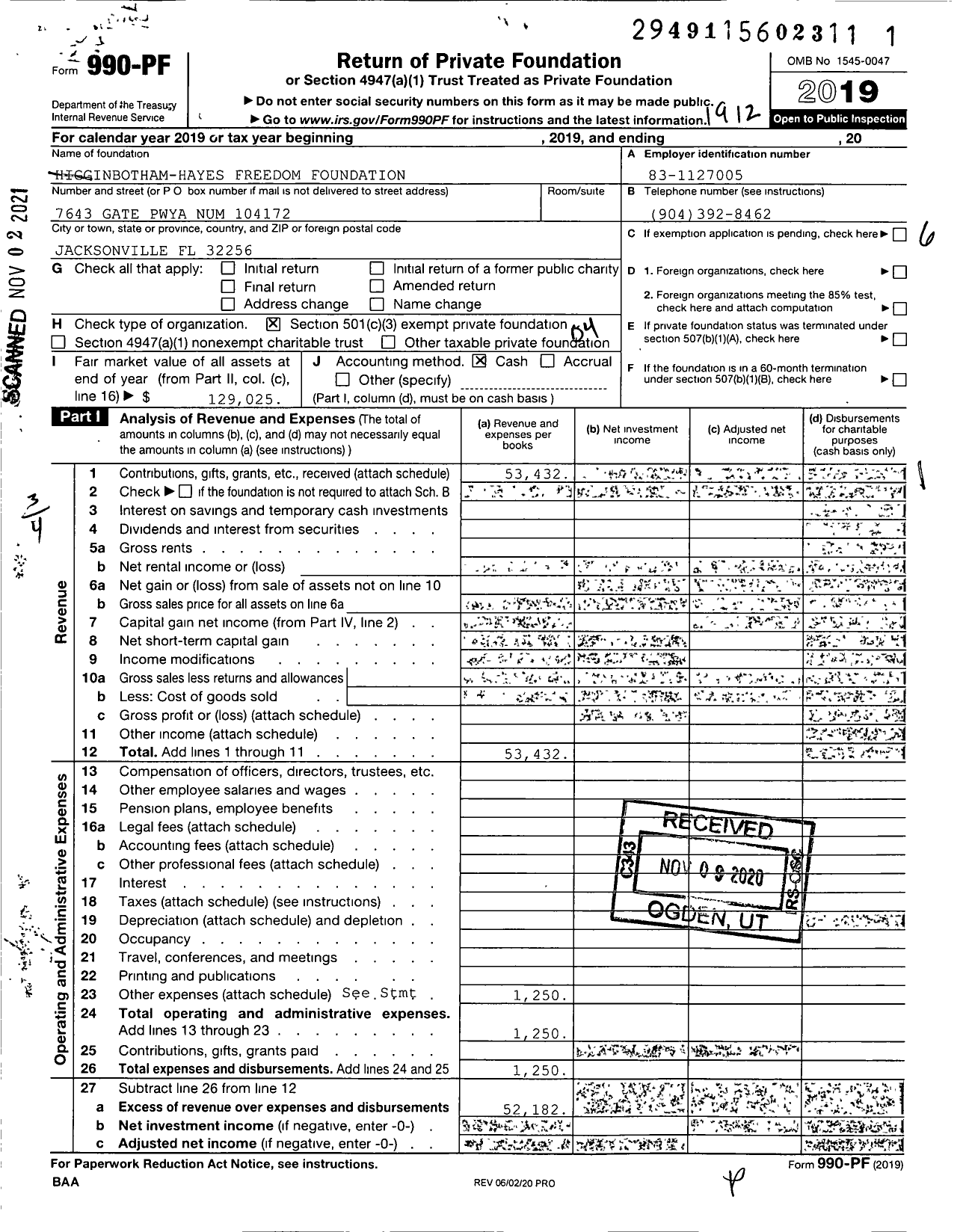 Image of first page of 2019 Form 990PF for Higginbotham-Hayes Freedom Foundation