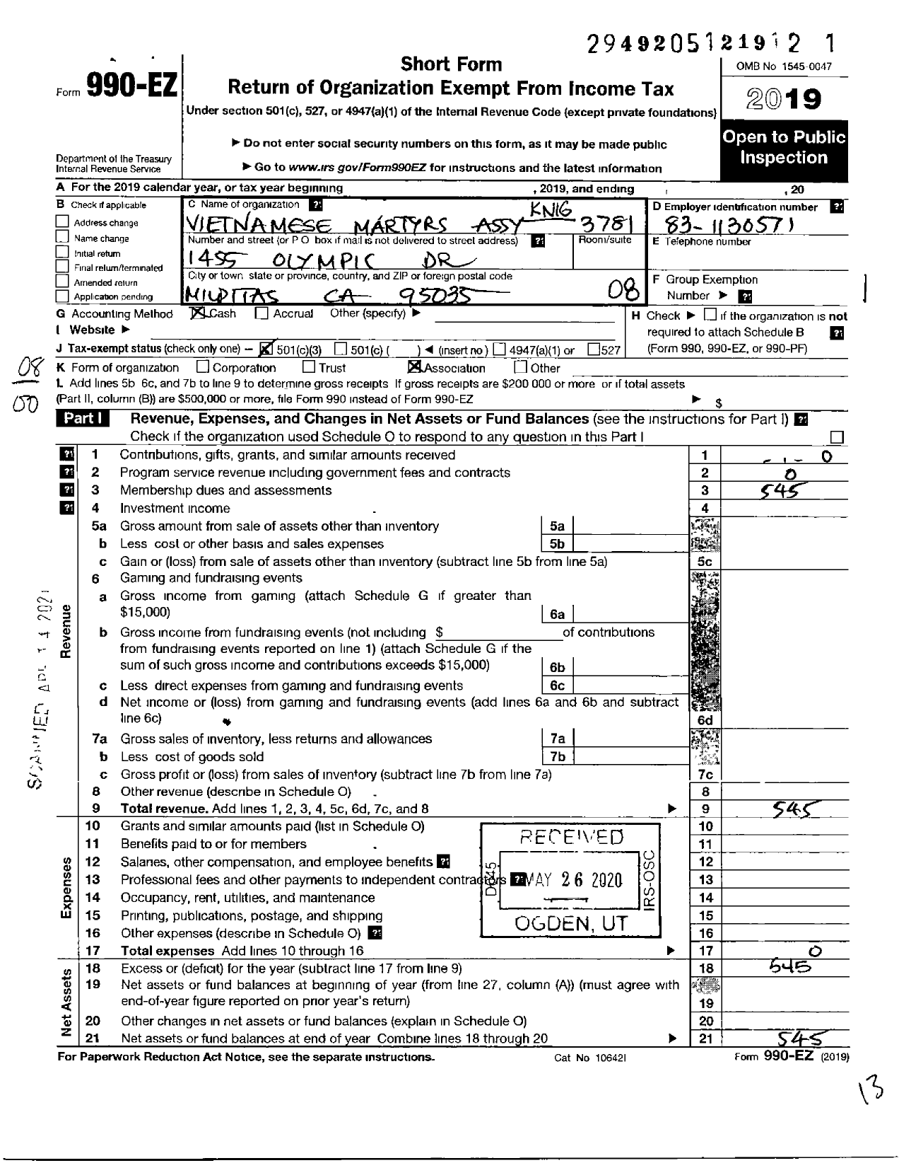 Image of first page of 2019 Form 990EO for Knights of Columbus - 3781 Vietnamese Martyrs Assembly