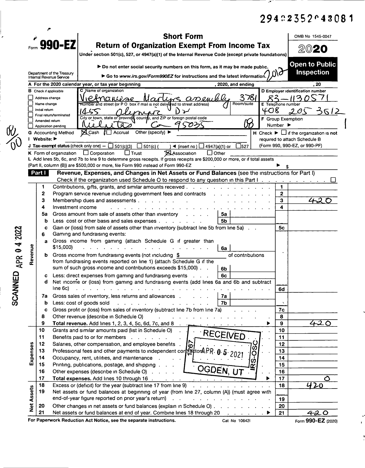 Image of first page of 2020 Form 990EO for Knights of Columbus - 3781 Vietnamese Martyrs Assembly