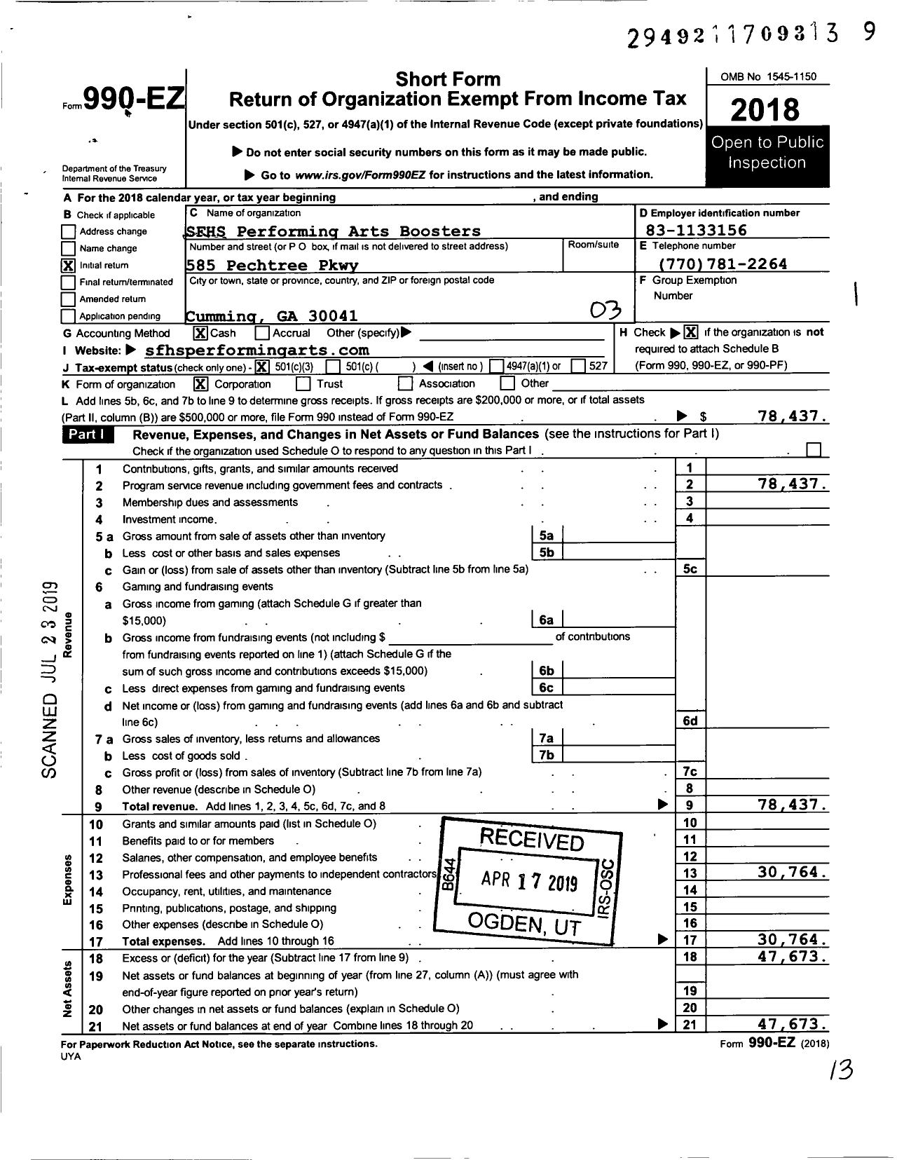 Image of first page of 2018 Form 990EZ for SFHS Performing Arts Boosters