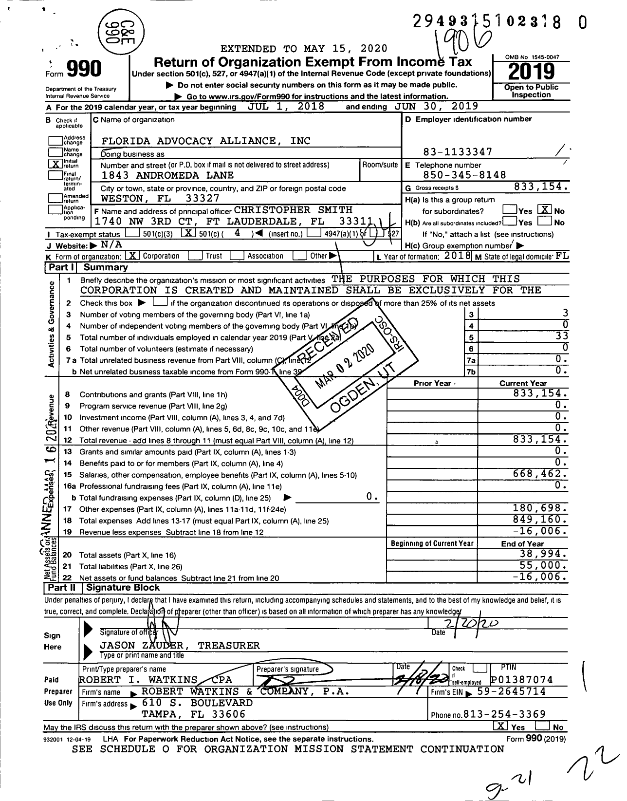 Image of first page of 2018 Form 990O for Florida Advocacy Alliance