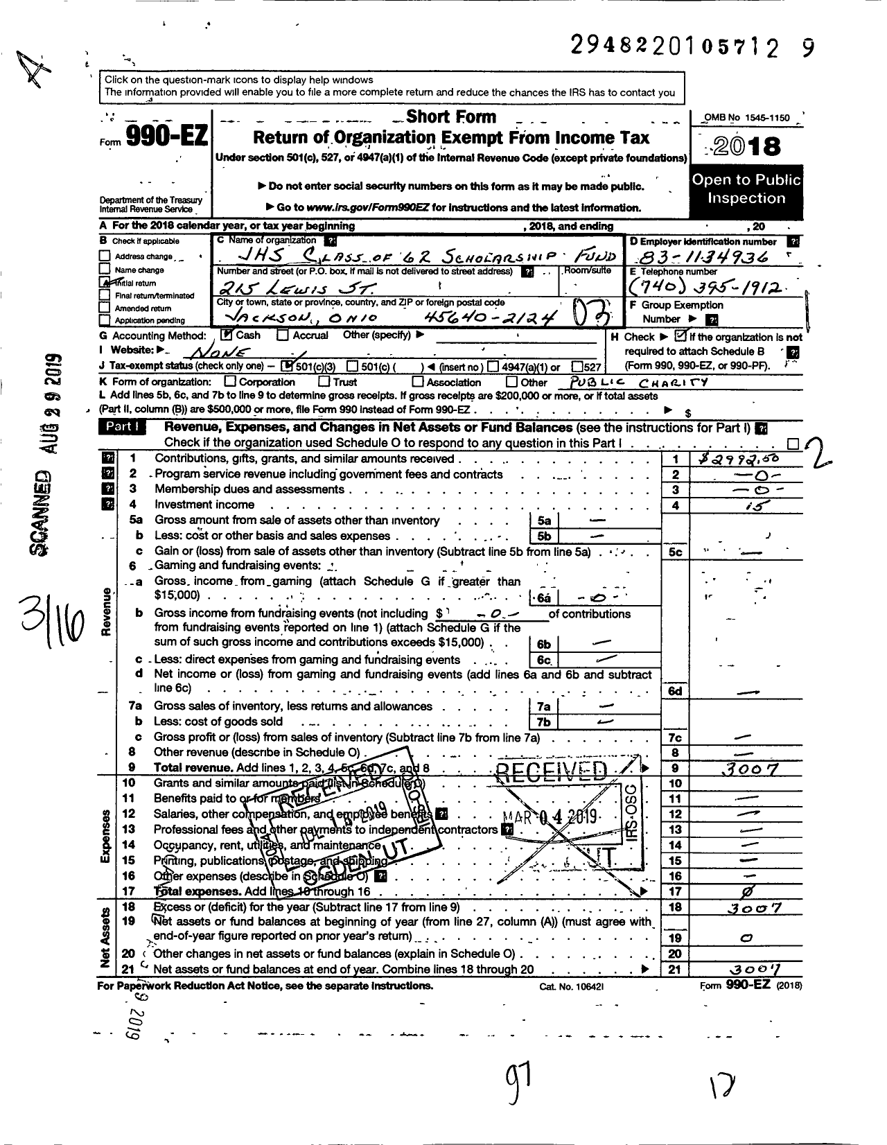 Image of first page of 2018 Form 990EZ for JHS Class of 62 Scholarship Fund