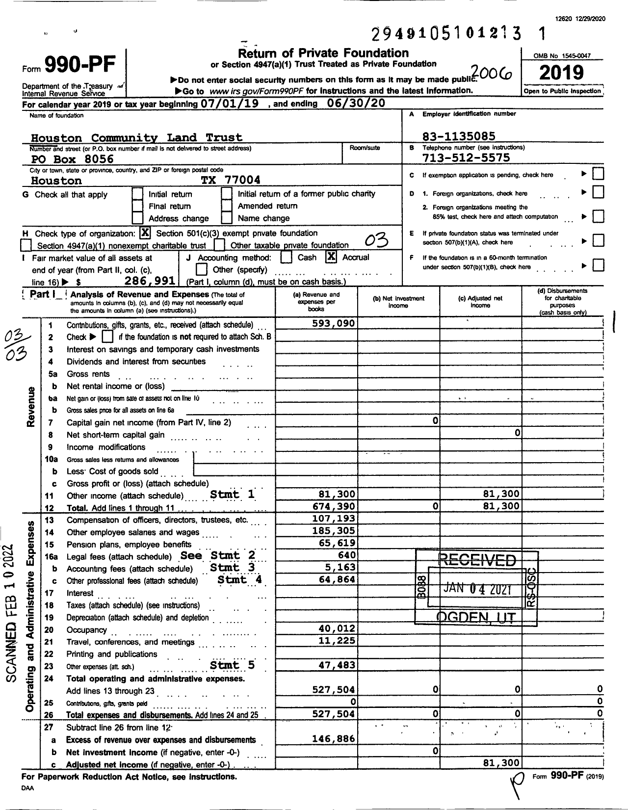 Image of first page of 2019 Form 990PF for Houston Community Land Trust