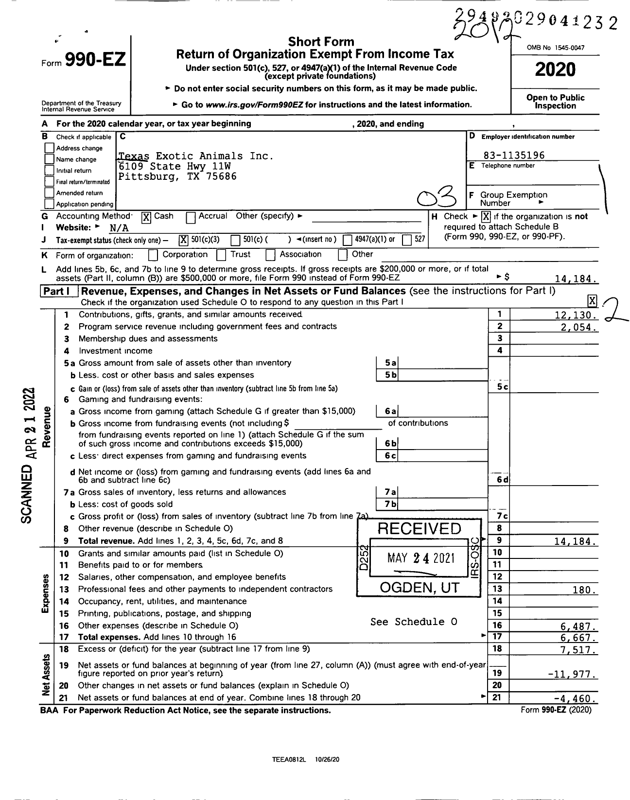 Image of first page of 2020 Form 990EZ for Texas Exotic Animals