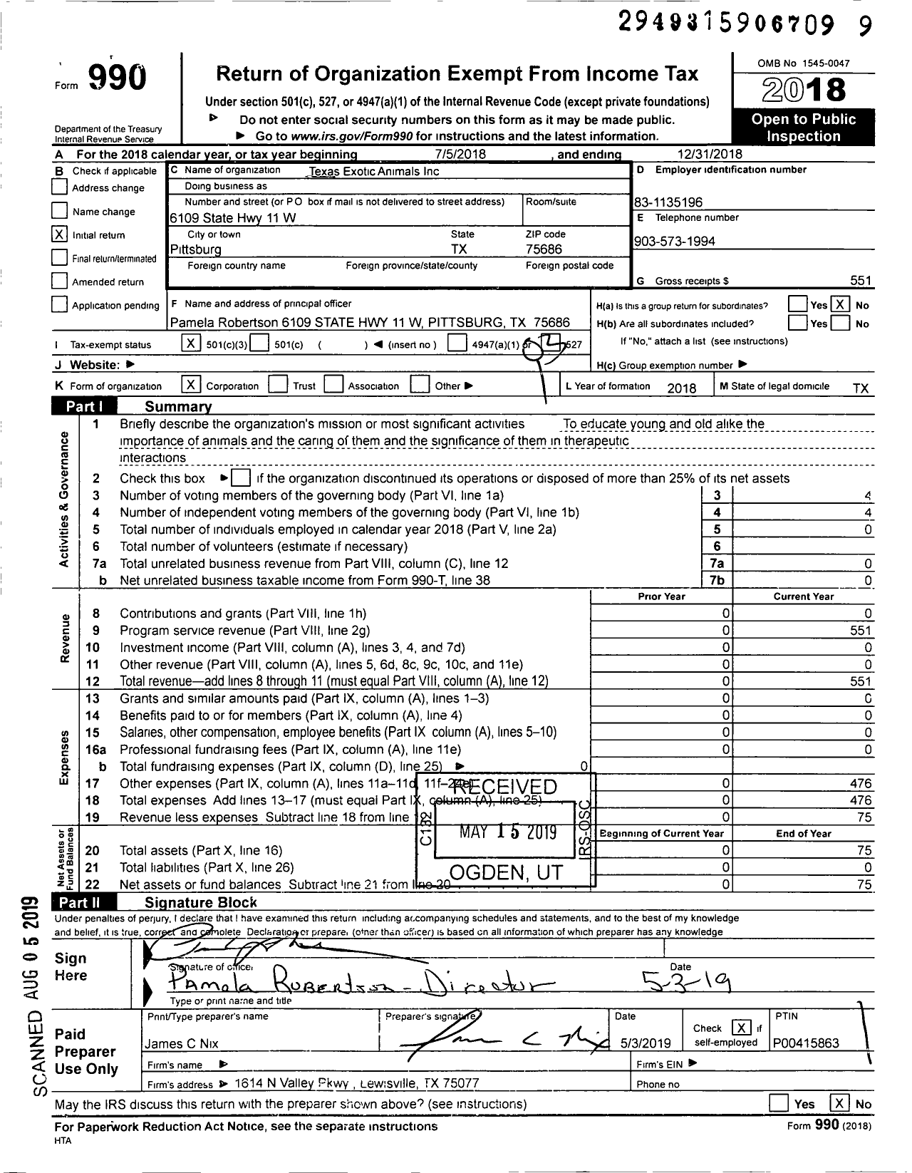 Image of first page of 2018 Form 990 for Texas Exotic Animals