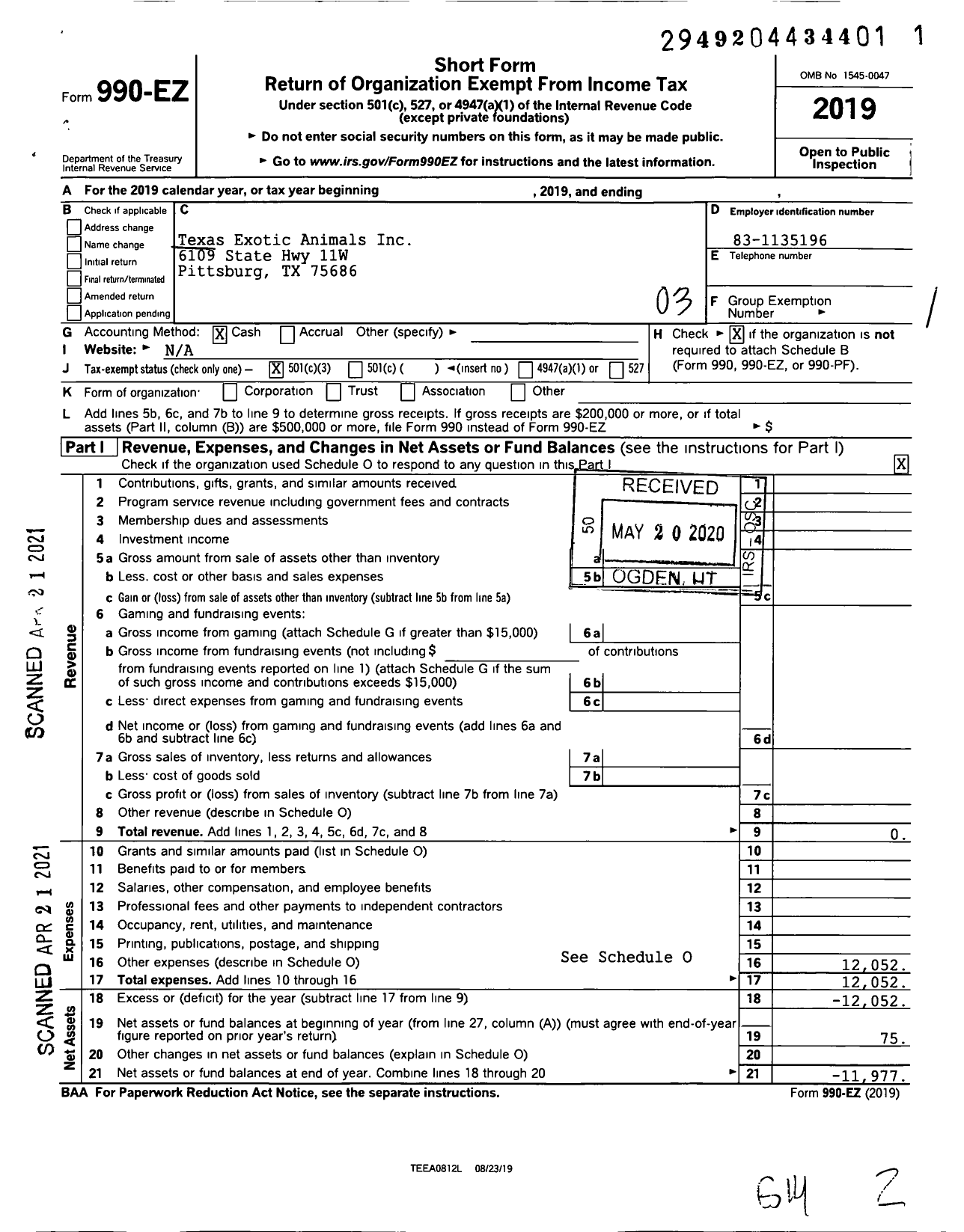 Image of first page of 2019 Form 990EZ for Texas Exotic Animals