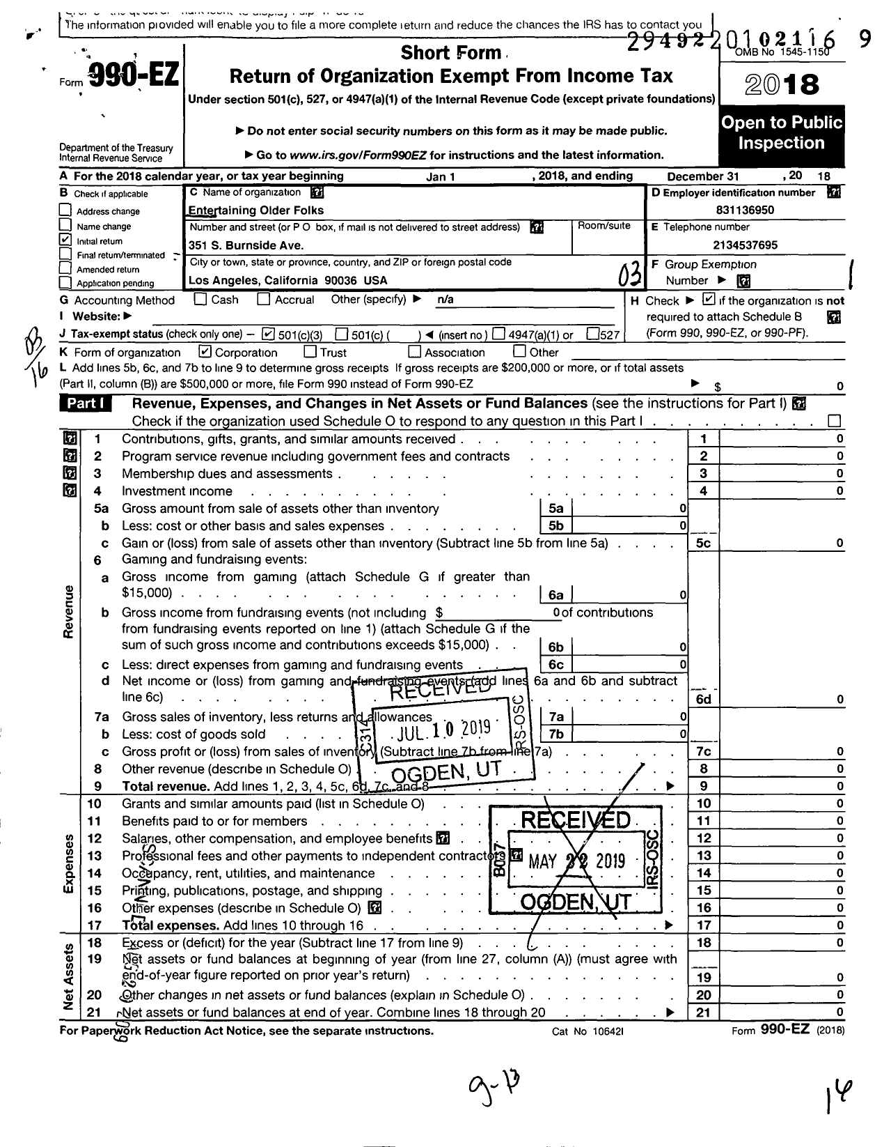 Image of first page of 2018 Form 990EZ for Senior Care Home Entertainment