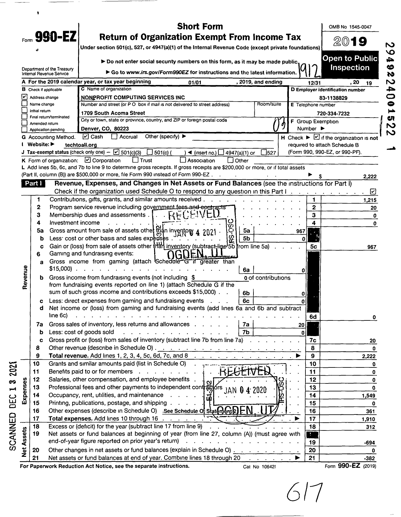 Image of first page of 2019 Form 990EZ for Nonprofit Computing Services
