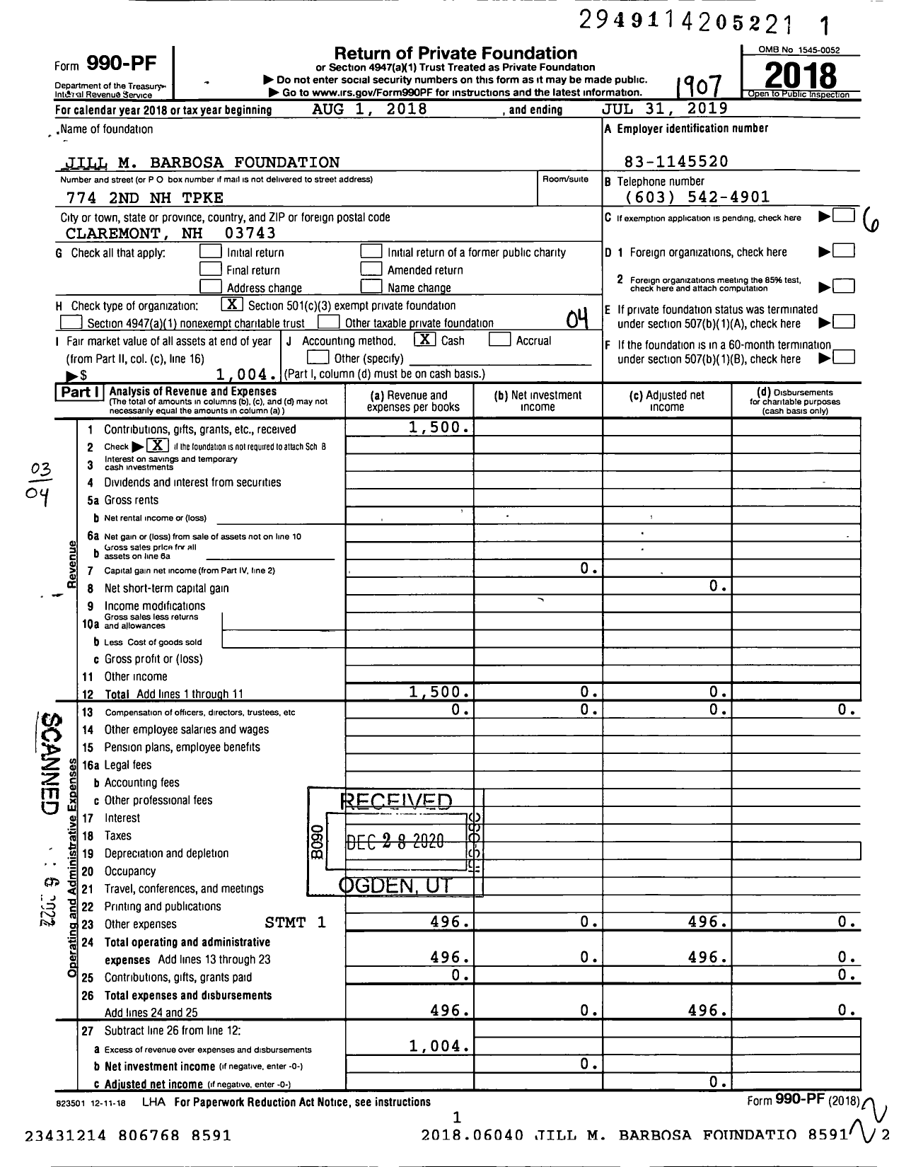 Image of first page of 2018 Form 990PF for Jill M Barbosa Foundation