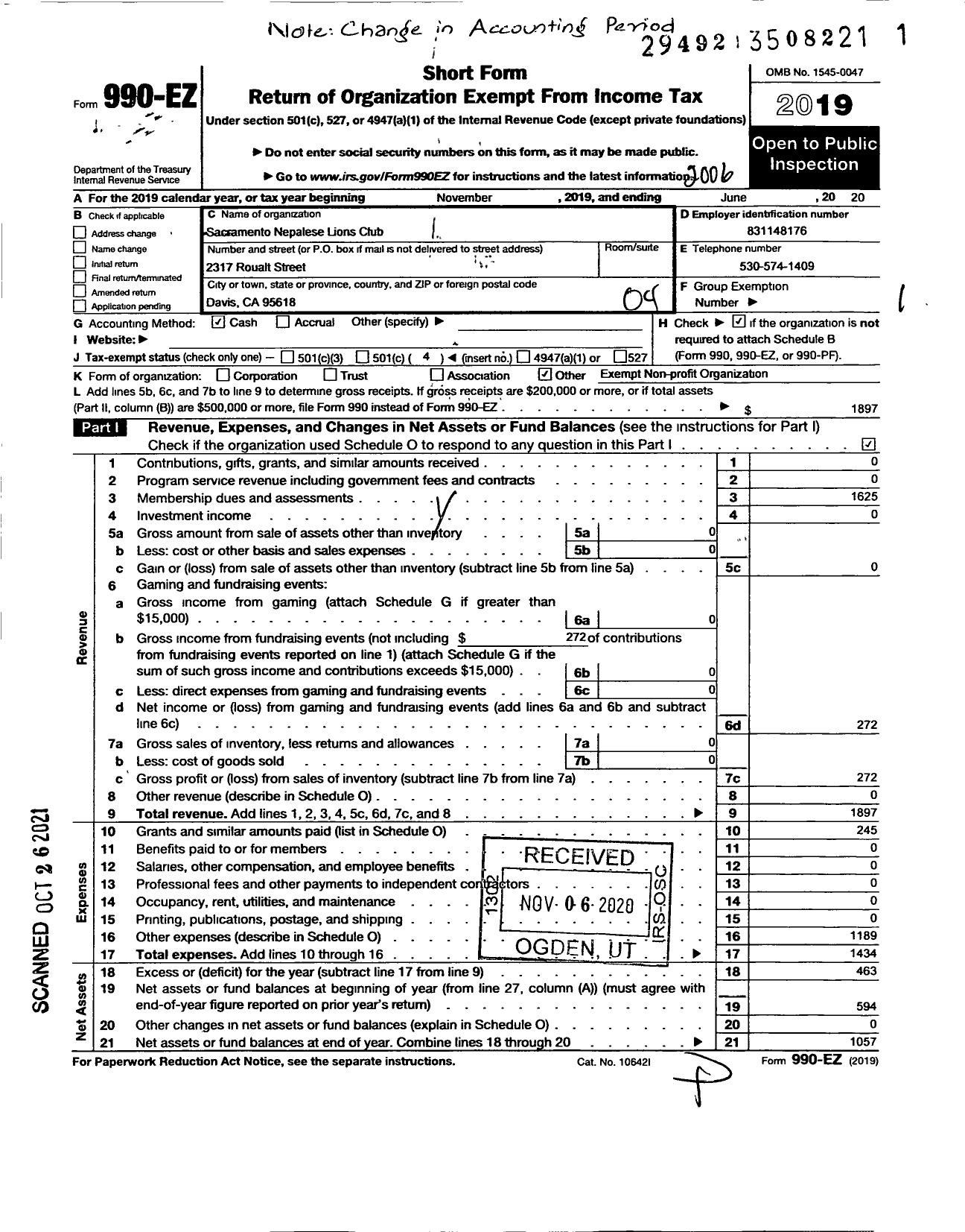 Image of first page of 2019 Form 990EO for Sacramento Nepalese Lions Club