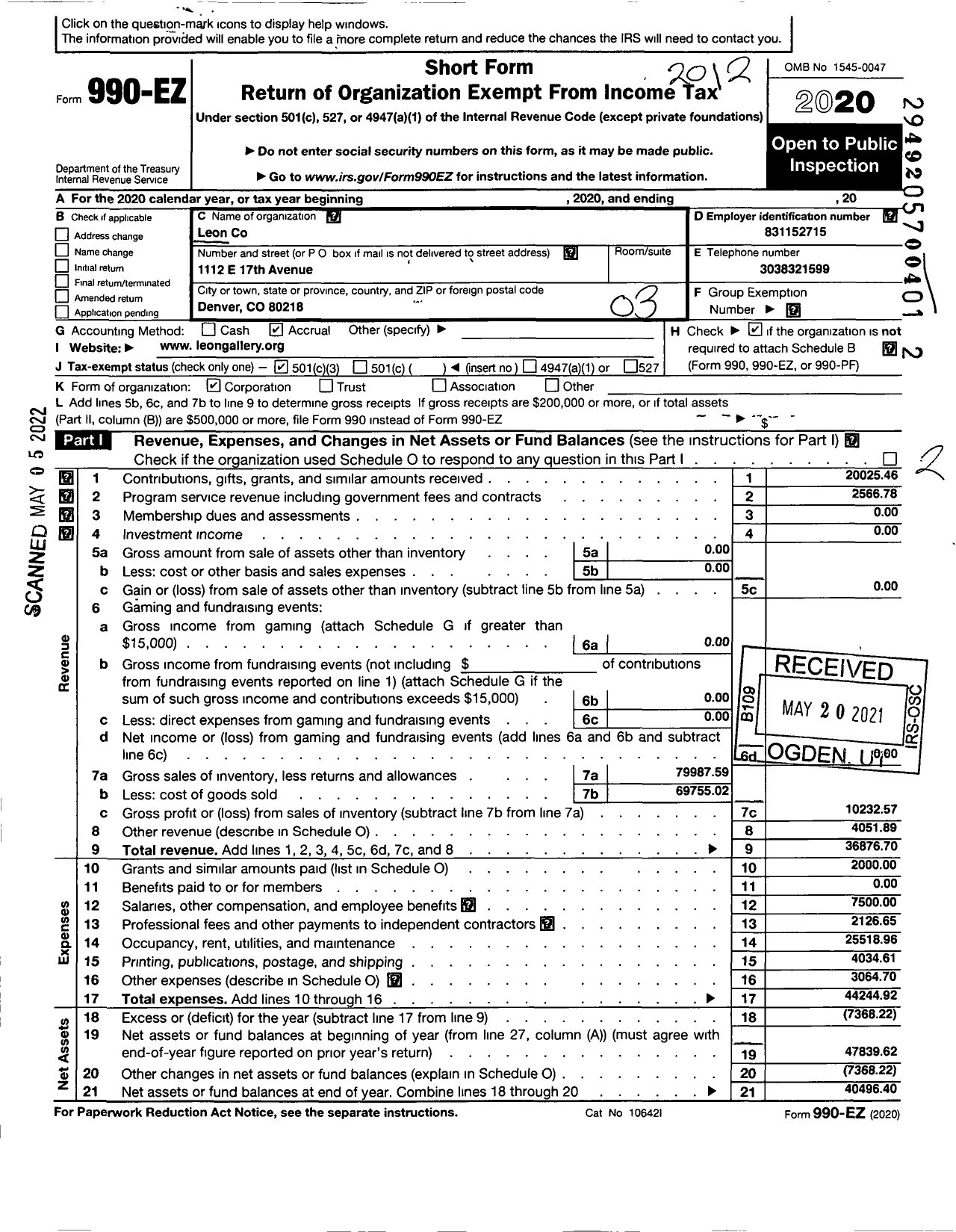 Image of first page of 2020 Form 990EZ for Leon