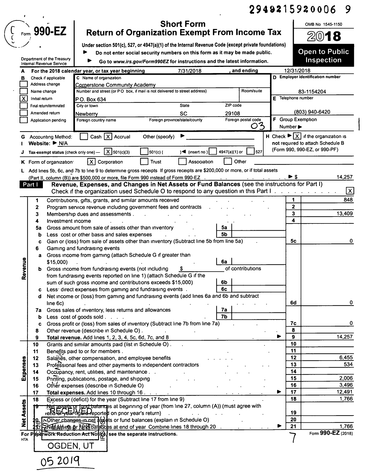 Image of first page of 2018 Form 990EZ for Cornerstone Community Academy