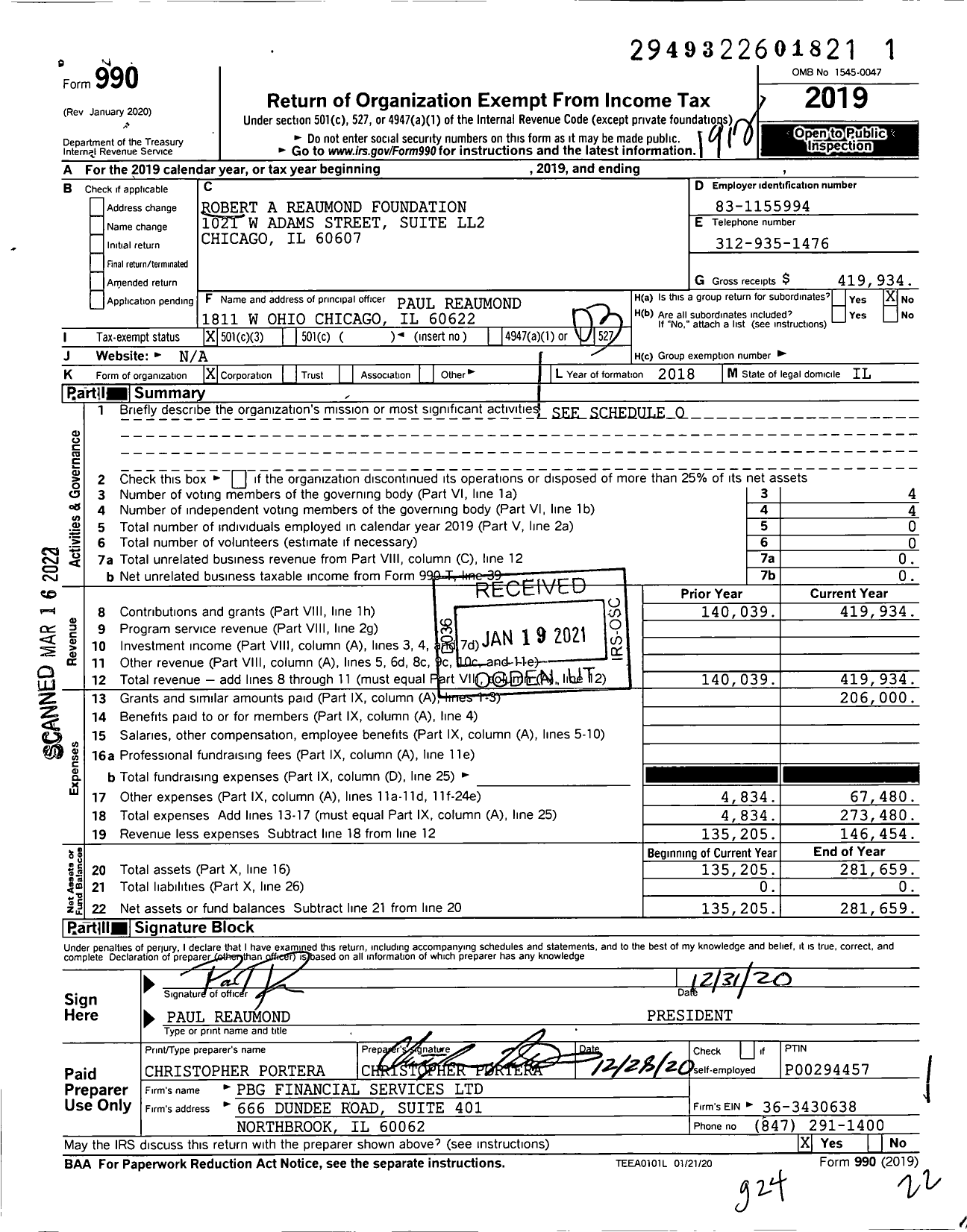 Image of first page of 2019 Form 990 for Robert A Reaumond Foundation