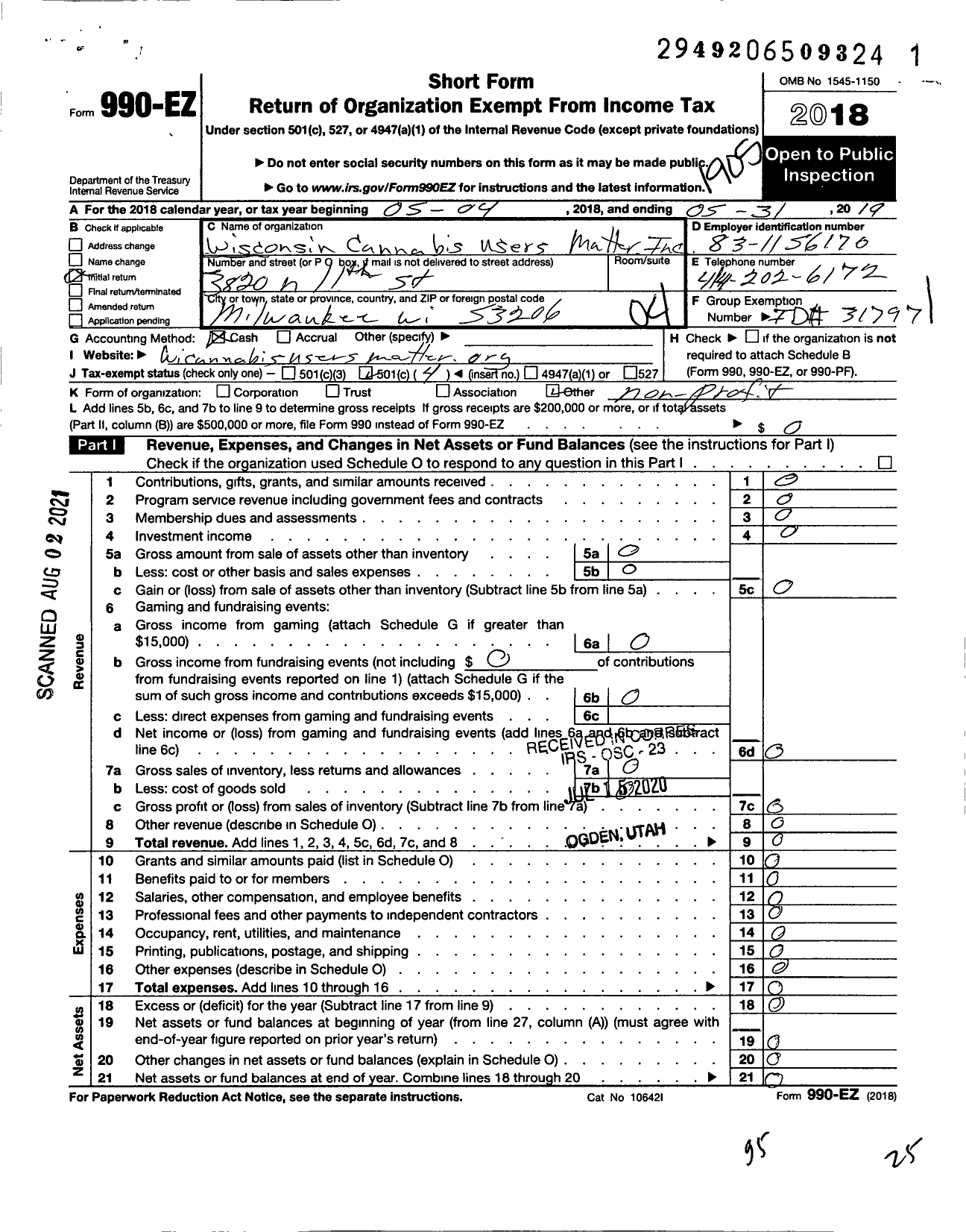 Image of first page of 2018 Form 990EO for Wisconsin Cannabis Users Matter