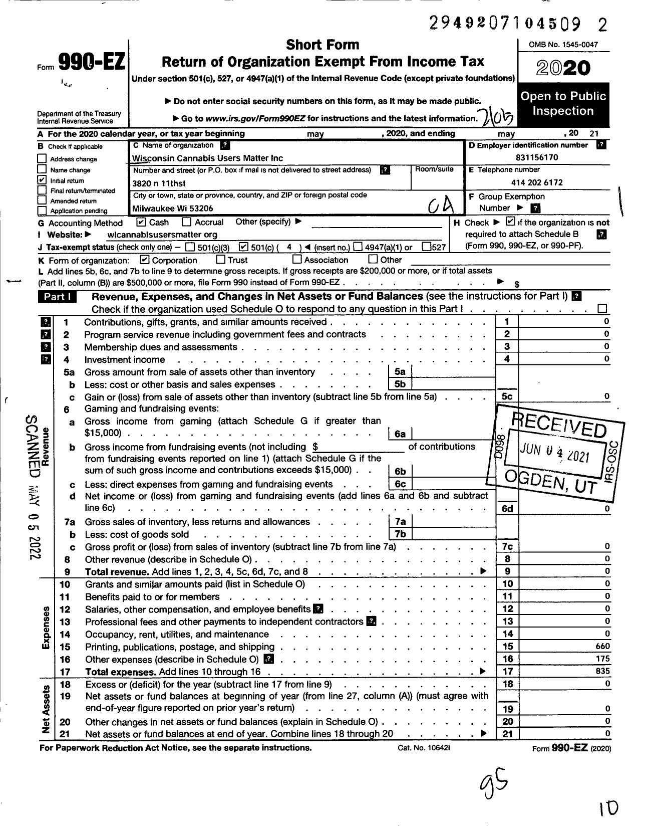 Image of first page of 2020 Form 990EO for Wisconsin Cannabis Users Matter