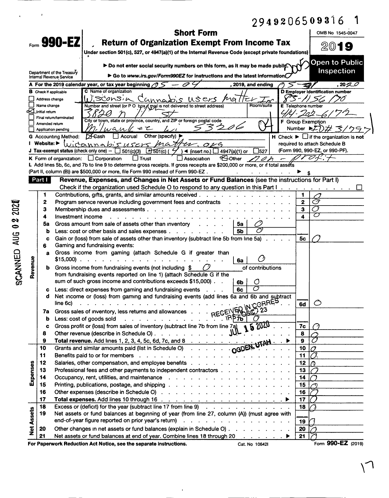 Image of first page of 2019 Form 990EO for Wisconsin Cannabis Users Matter