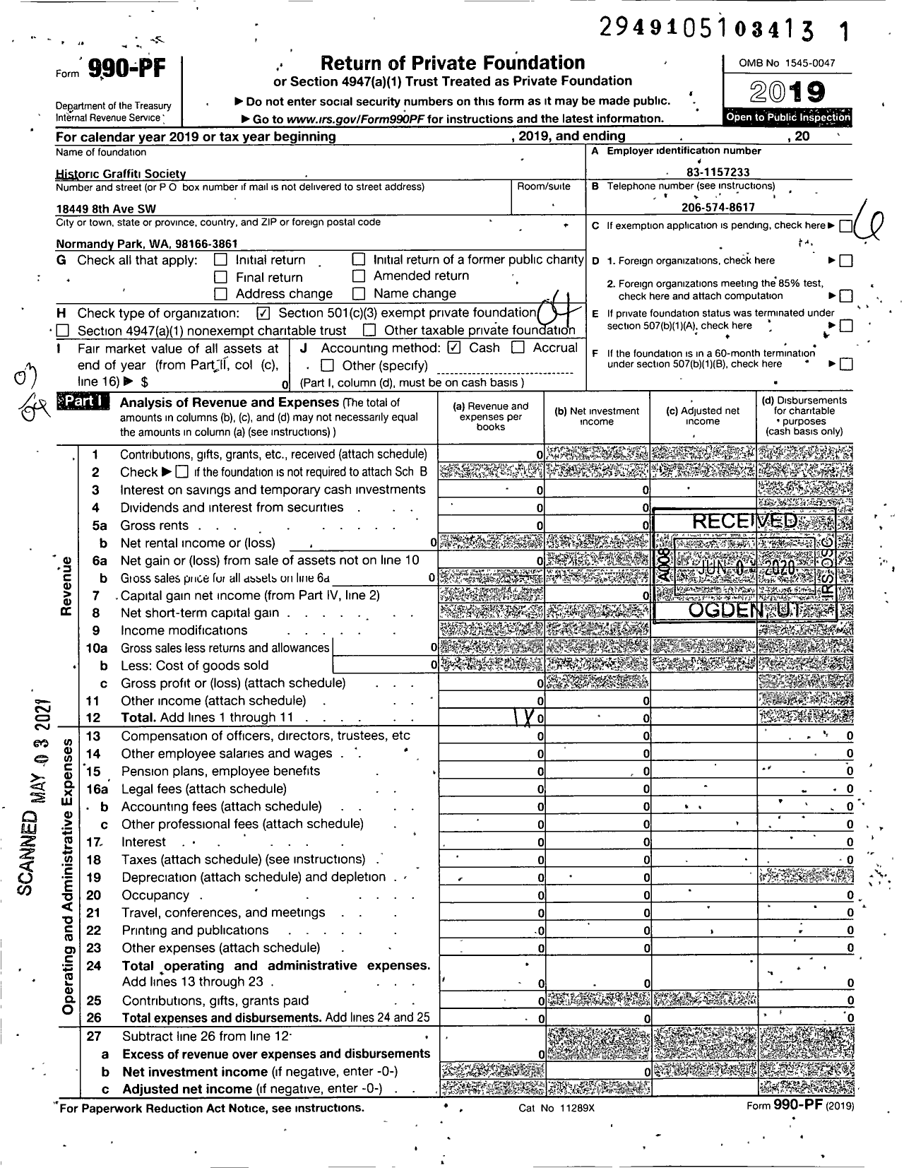 Image of first page of 2019 Form 990PF for Historic Graffiti Society