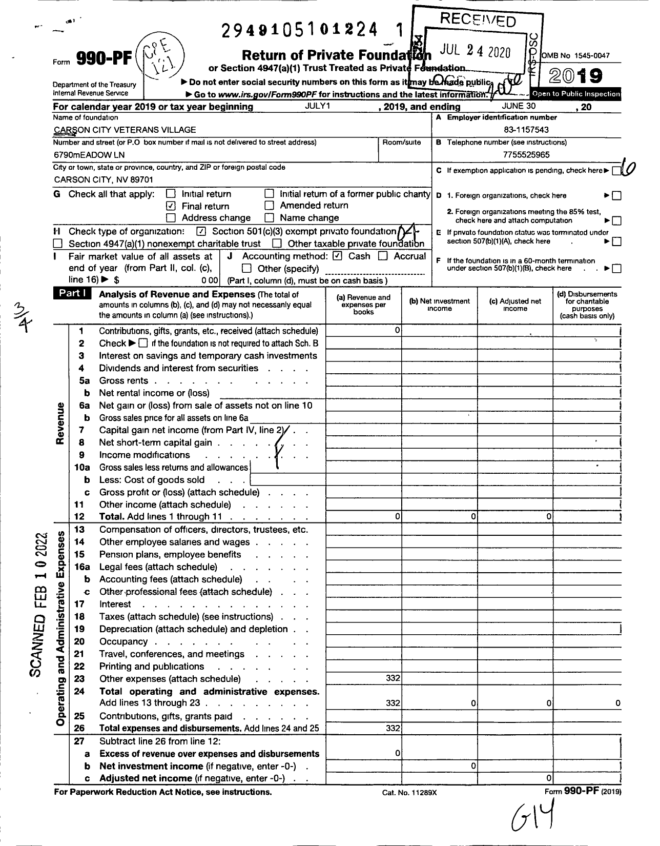 Image of first page of 2019 Form 990PF for Carson City Vetreans Village