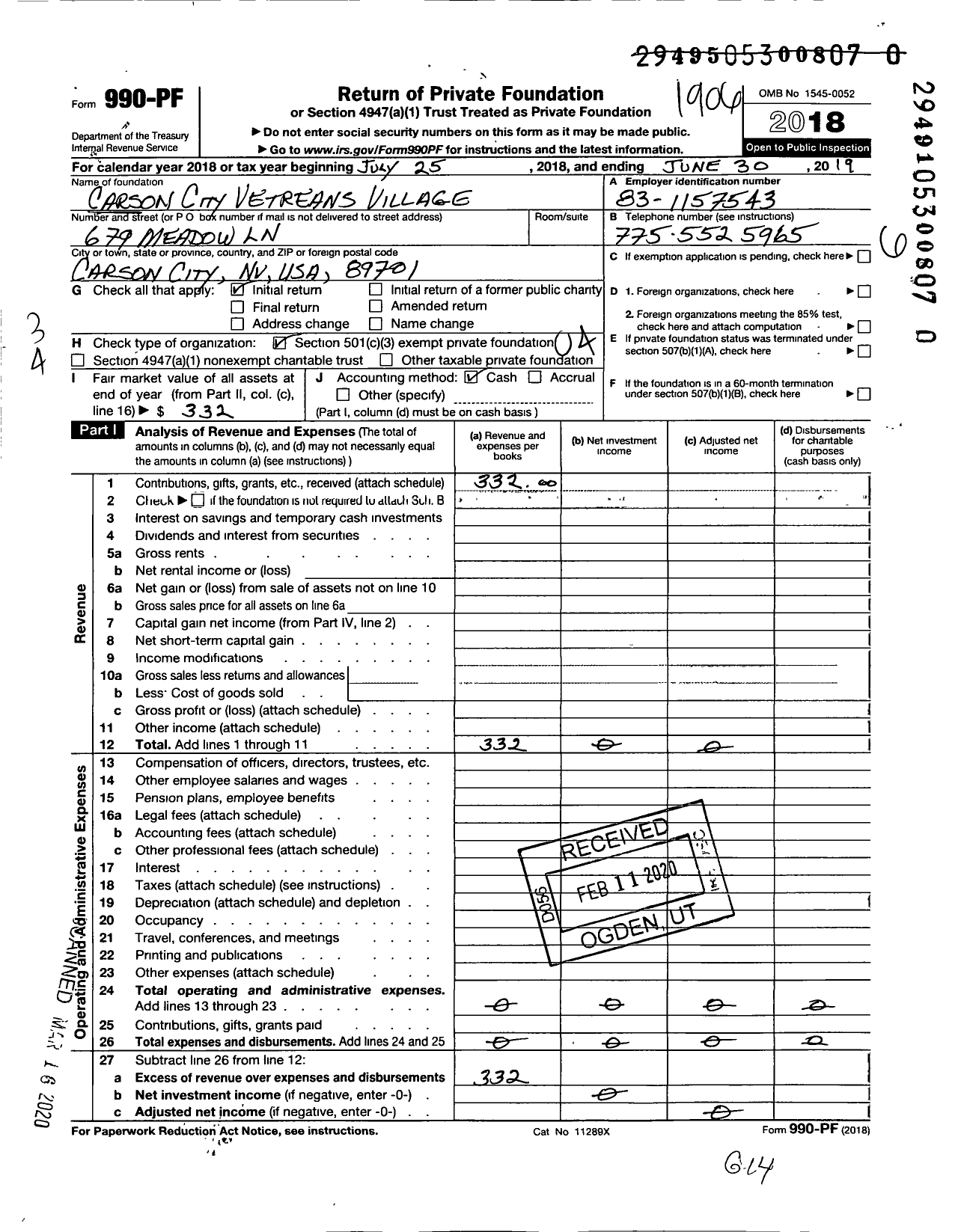 Image of first page of 2018 Form 990PR for Carson City Vetreans Village